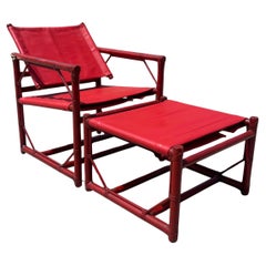 Eleanor Forbes für McGuire Roter Rattan Offiziersstuhl Campaigner Lounge Ottoman