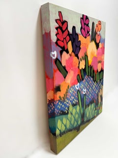 Listen Up, colorful floral with pink and greens, vivid garden landscape
