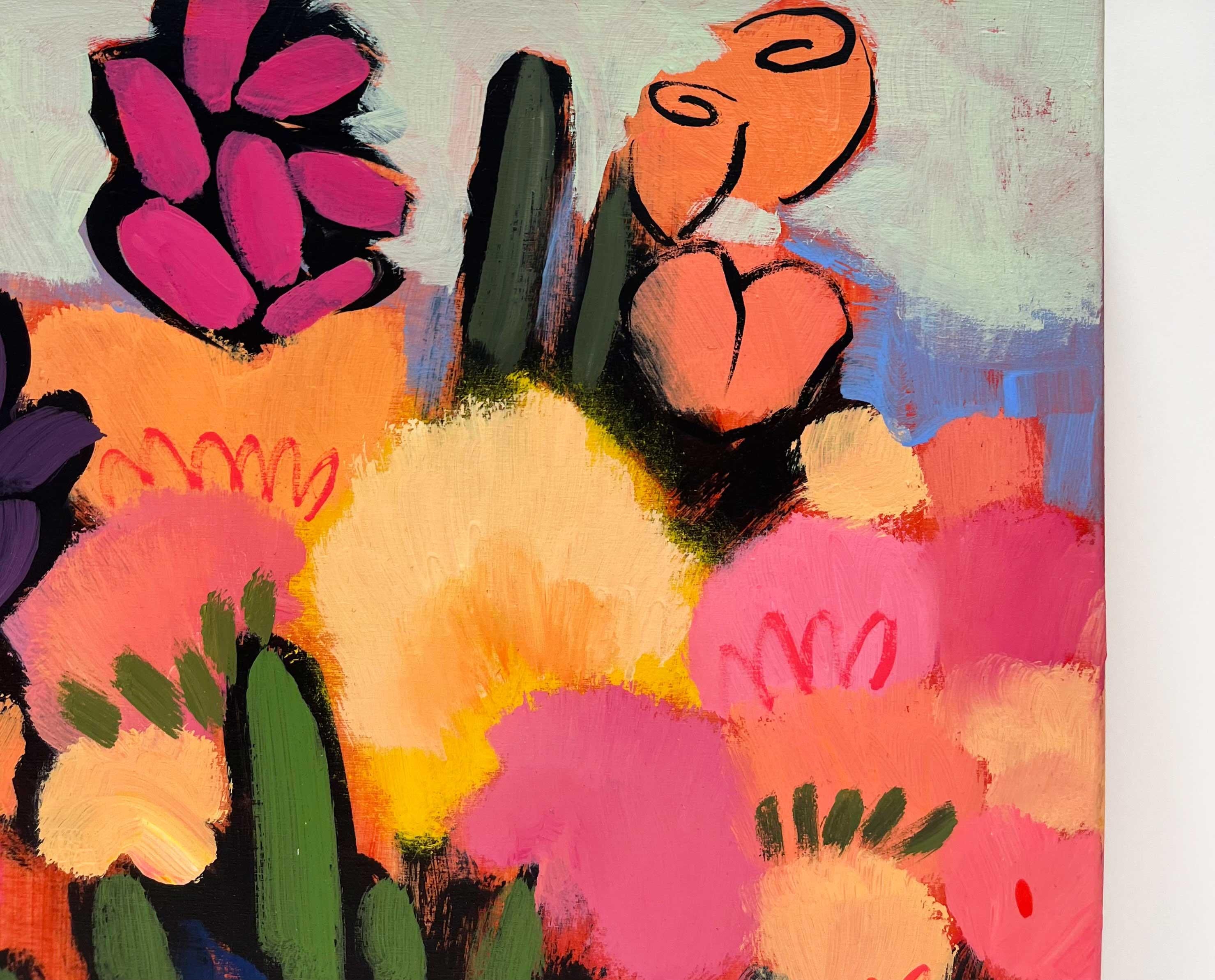 Listen Up, farbenfrohe Blumen mit Rosa und Grüntönen, lebendige Gartenlandschaft (Beige), Landscape Painting, von Eleanor Lowden