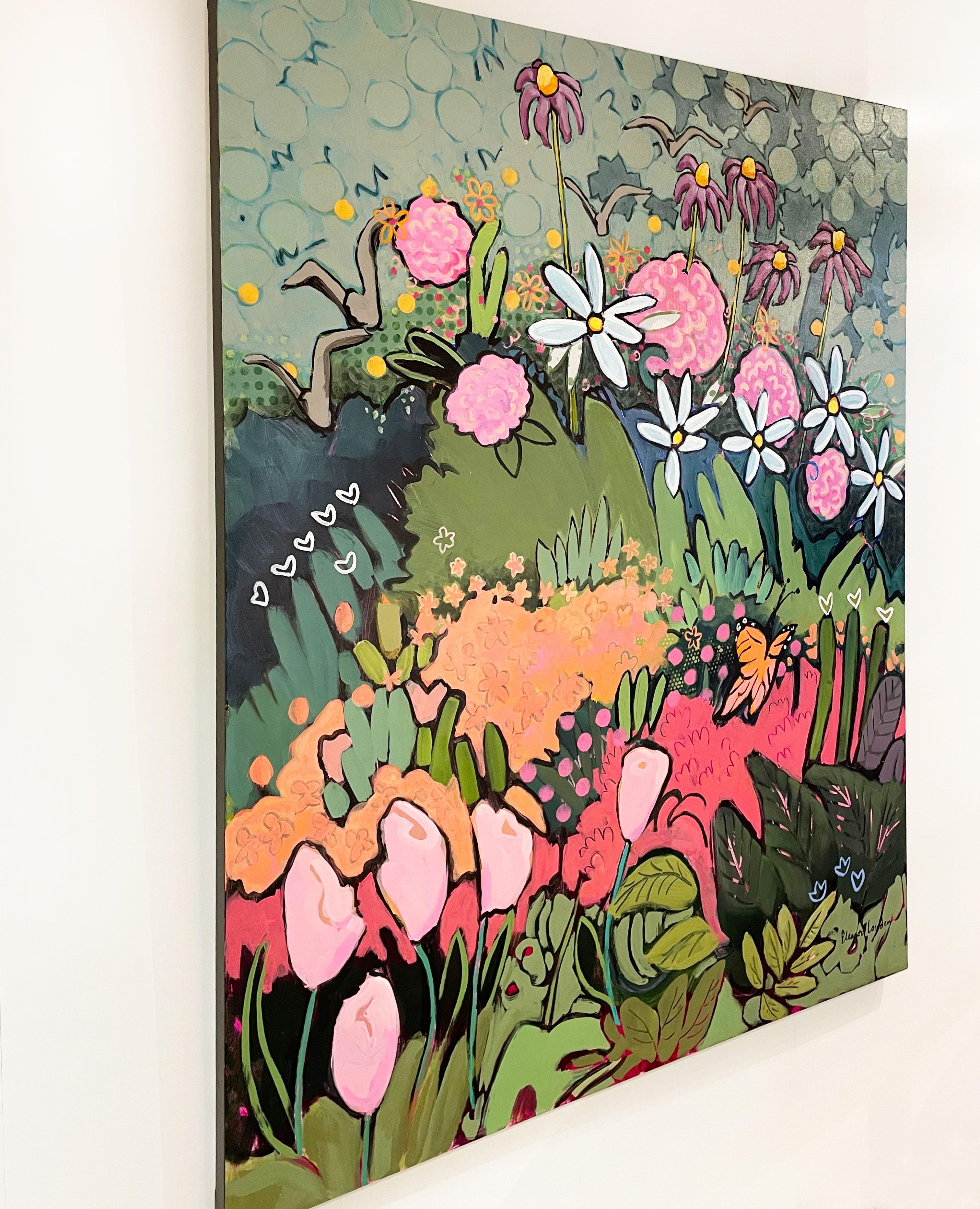 Monarch Park, große rosa Blumenblume mit Schmetterlings Acryl auf Leinwand, 2022  – Painting von Eleanor Lowden