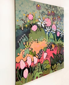 Monarch Park, large pink floral with butterfly acrylic on canvas, 2022