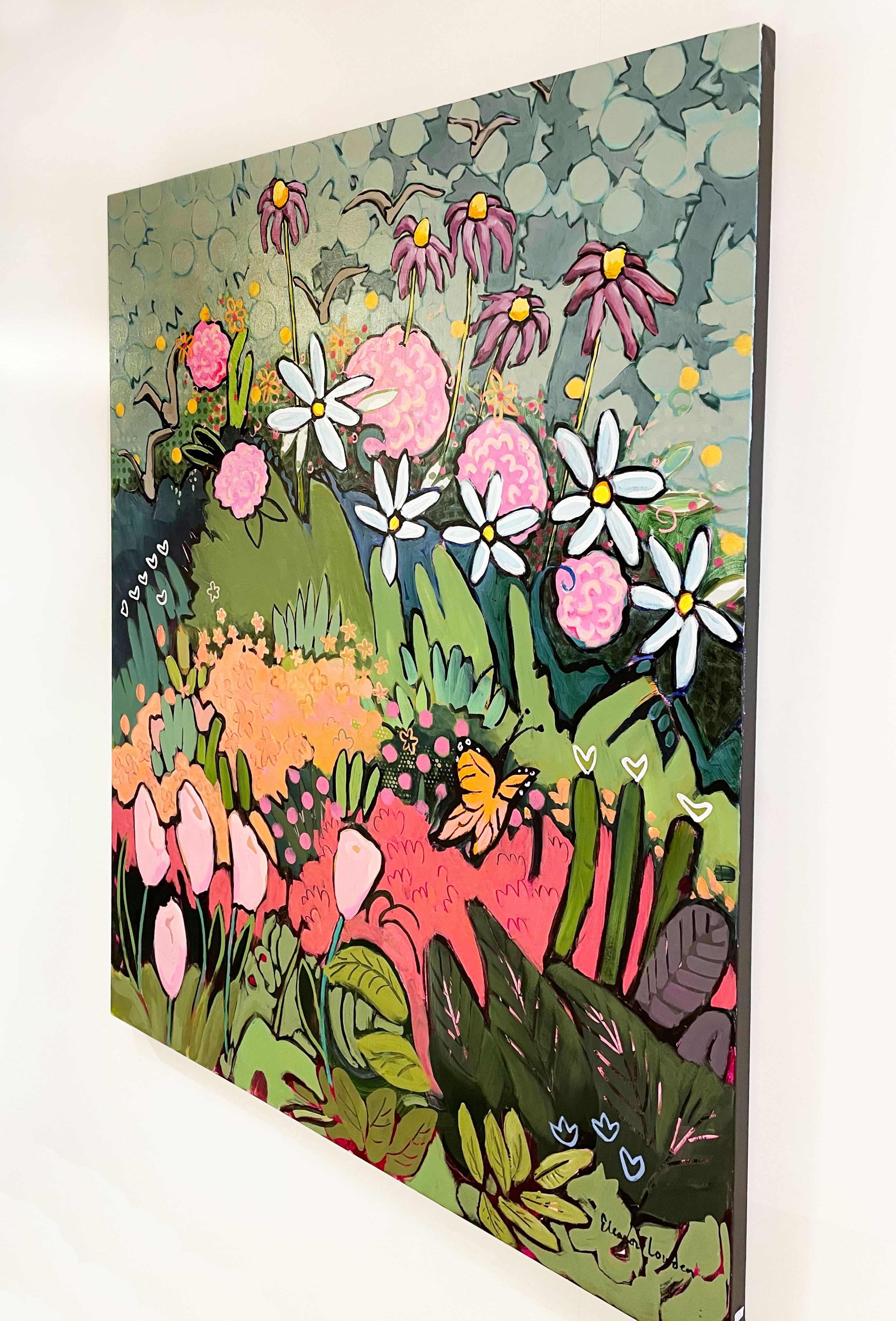 Monarch Park, large pink floral with butterfly acrylic on canvas, 2022  - Brown Landscape Painting by Eleanor Lowden