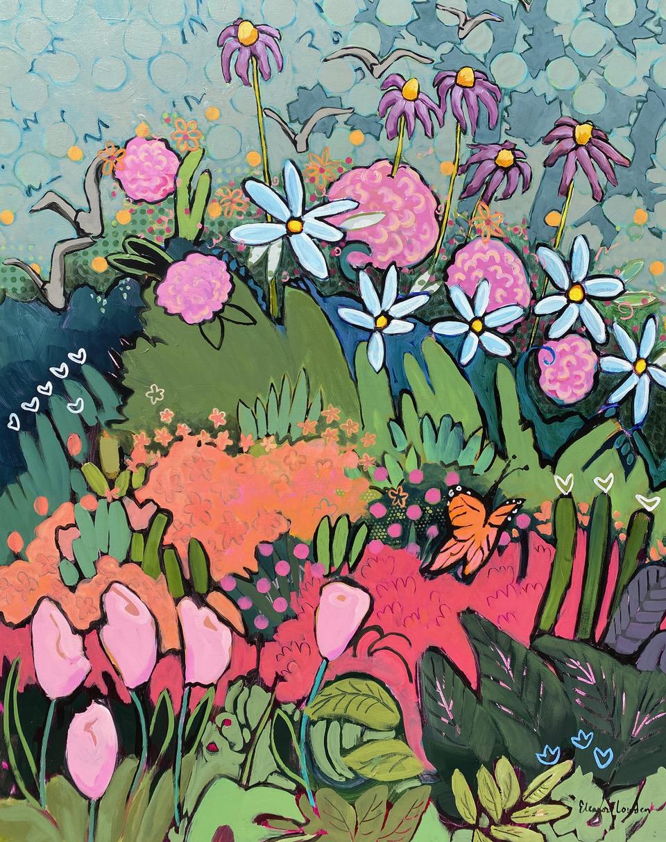 Eleanor Lowden Landscape Painting – Monarch Park, große rosa Blumenblume mit Schmetterlings Acryl auf Leinwand, 2022 