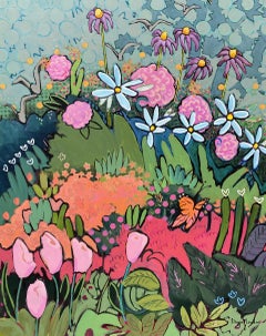 Monarch Park, große rosa Blumenblume mit Schmetterlings Acryl auf Leinwand, 2022