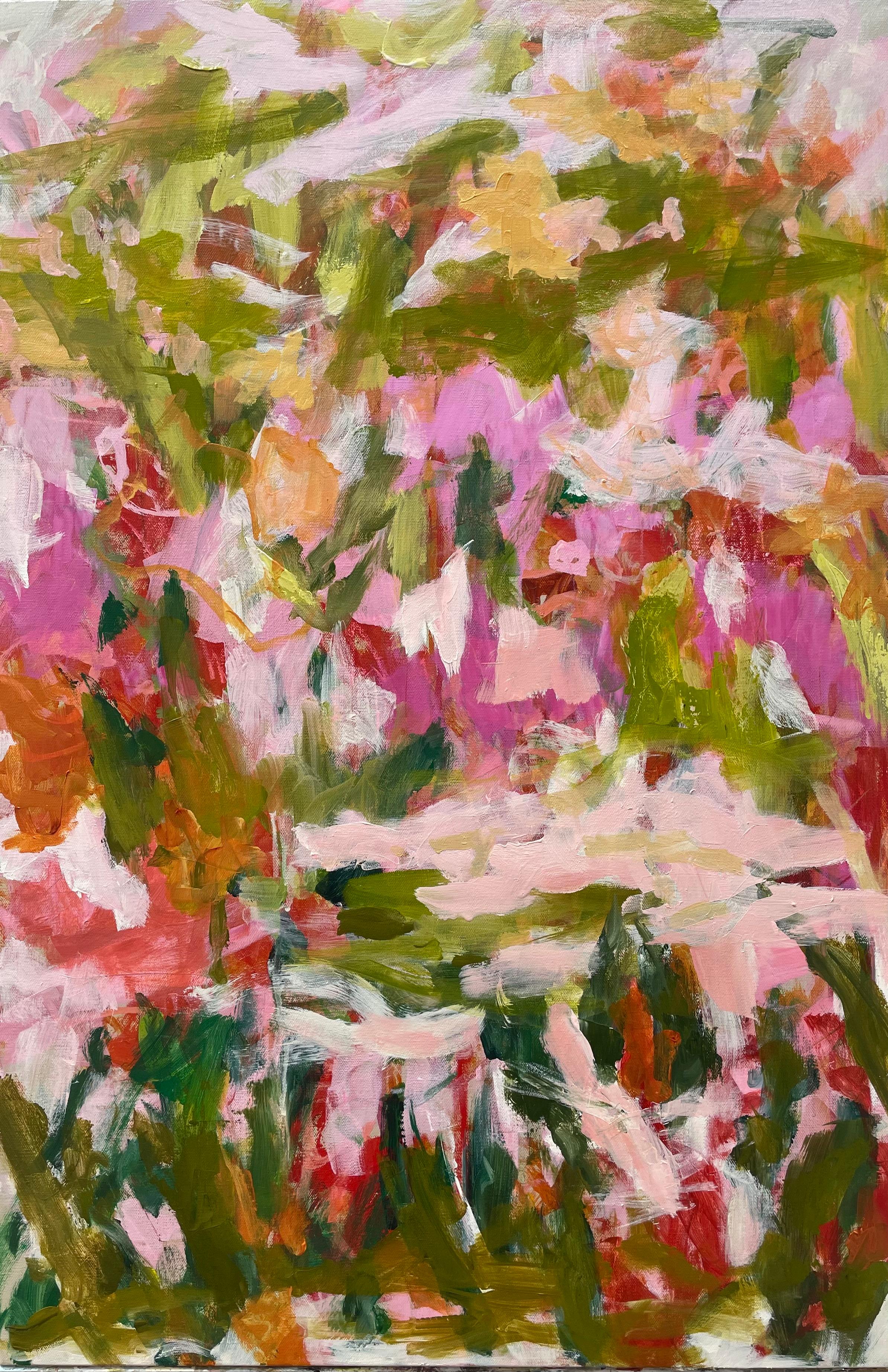 Among the Blossoms  is an contemporary abstract  painting by Texan artist Eleanor McCarthy.  It can also be described as a abstract floral painting. Eleanor McCarthy uses acrylic paints on canvas to create the soothing colors in her new contemporary