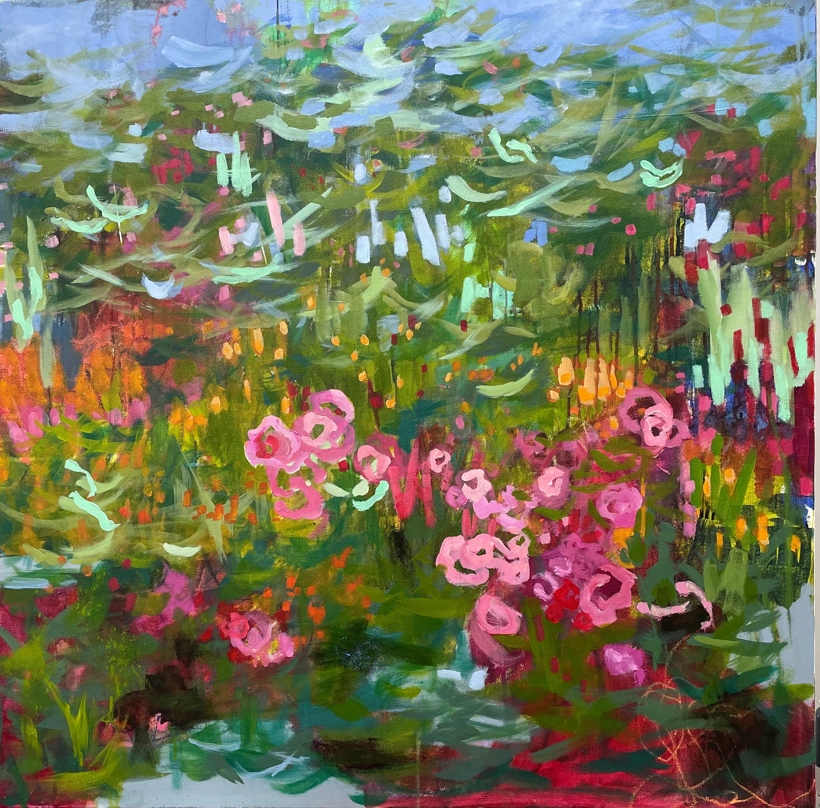 Fiori, Acrilico su tela, Paesaggio astratto, Artista texano, Colori, 36 x 36 1