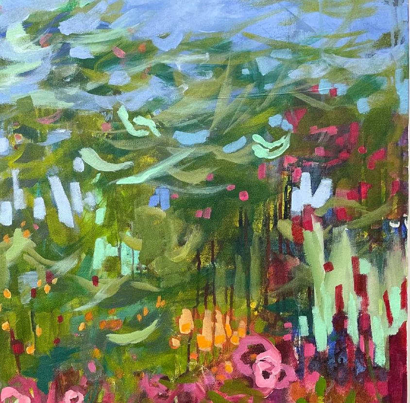 Fiori, Acrilico su tela, Paesaggio astratto, Artista texano, Colori, 36 x 36 2