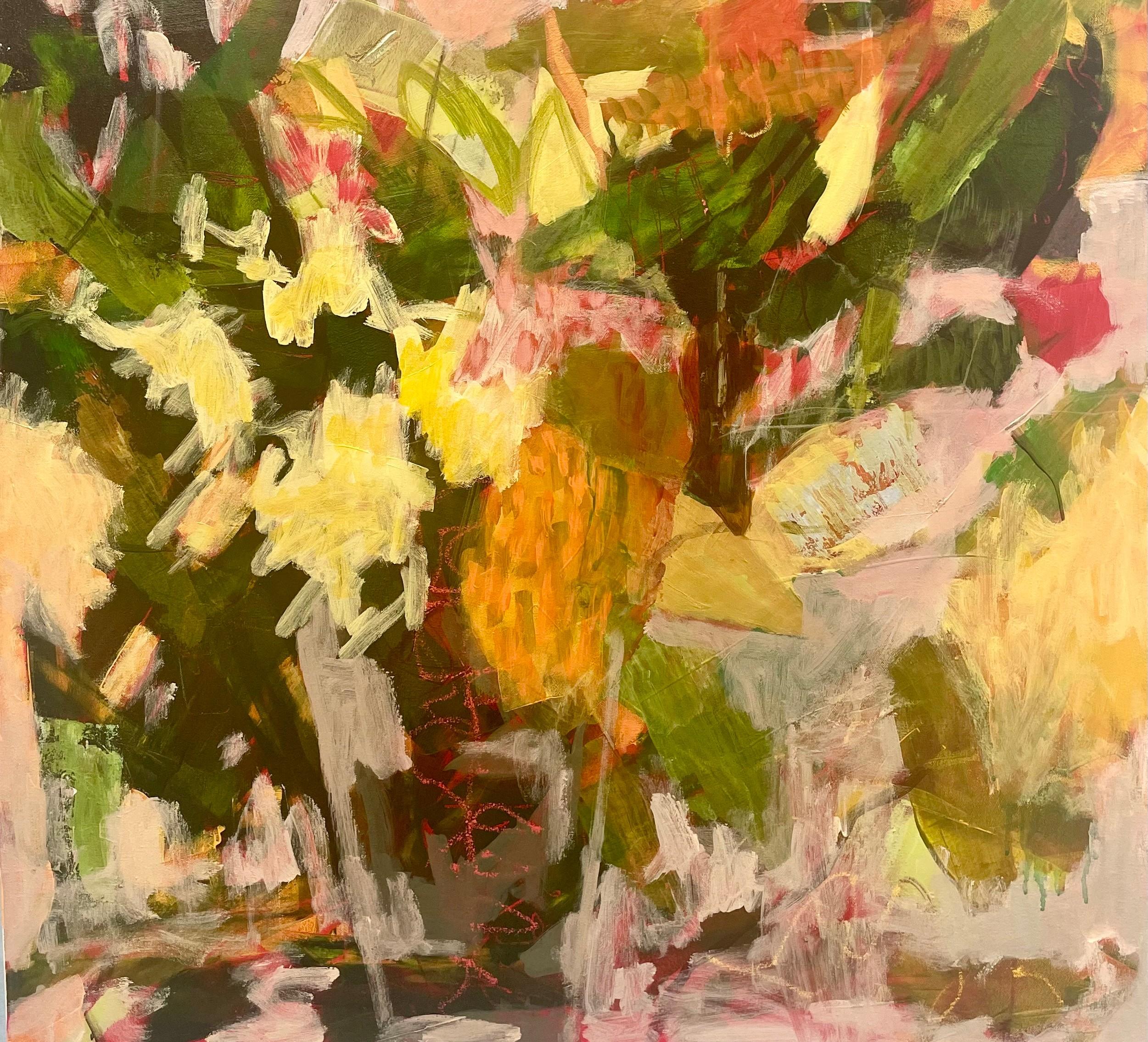 Blütezeit  Acryl auf Leinwand   Leuchtend geblümte Farben   Gerahmt  Neue Arbeit 2025 (Braun), Landscape Painting, von Eleanor McCarthy