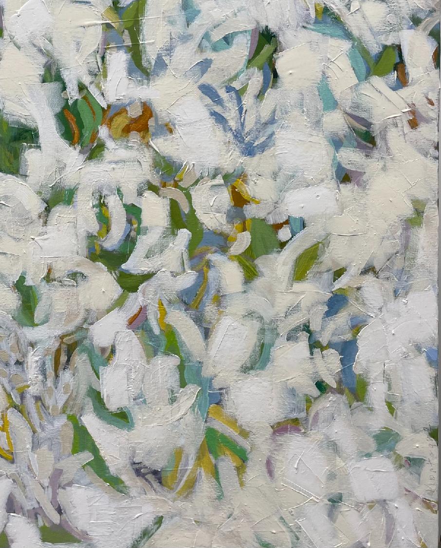 Flower Power is an contemporary abstract  painting by Texan artist Eleanor McCarthy.  It can also be described as a abstract still-life painting if you see the white brush strokes as flowers. Eleanor McCarthy uses acrylic paints on canvas to create