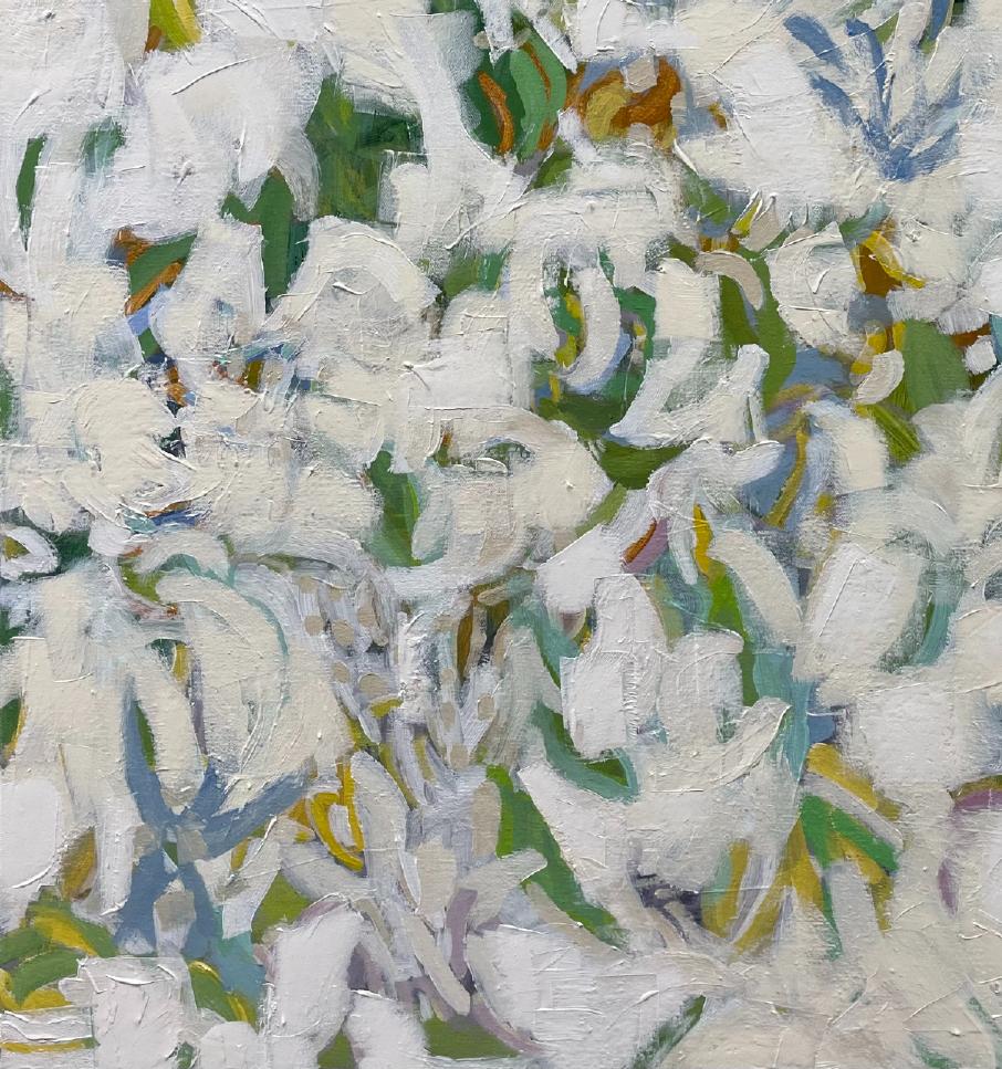 Flower Power est une œuvre abstraite contemporaine.  peinture de l'artiste texane Eleanor McCarthy.  Elle peut également être décrite comme une nature morte abstraite si l'on considère les coups de pinceau blancs comme des fleurs. Eleanor McCarthy