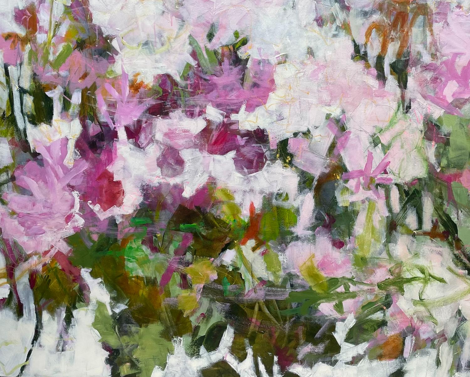 LINGERING IN THE GARDEN Acrylic on Canvas, Abstract ,  Contemporary ,  48 x 60 - Gray Abstract Painting by Eleanor McCarthy