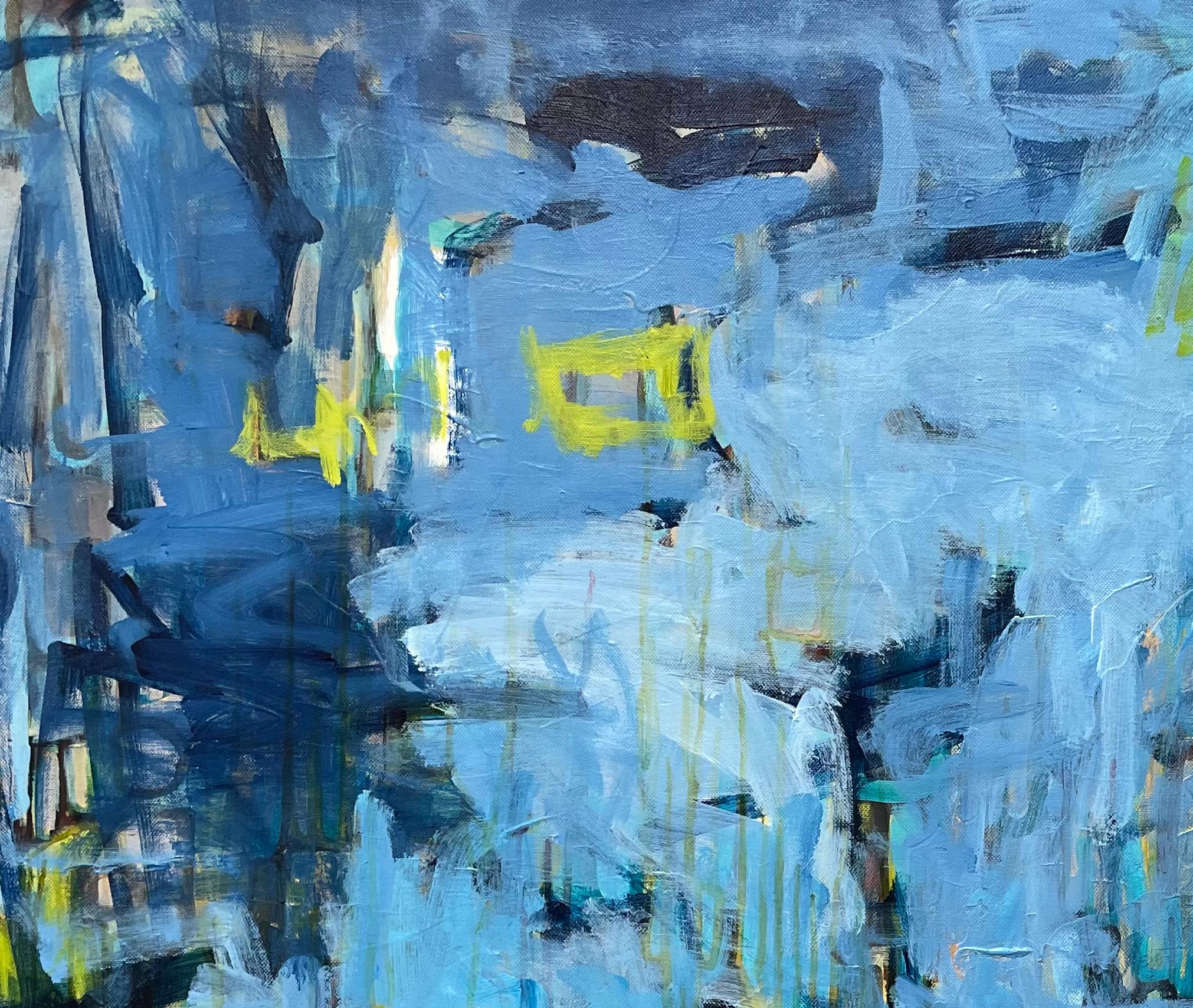 Pond at Dusk ist ein zeitgenössisches abstraktes  Gemälde der texanischen Künstlerin Eleanor McCarthy.  Man kann es auch als abstrakte Landschaftsmalerei bezeichnen. Eleanor McCarthy verwendet Acrylfarben auf Leinwand, um die beruhigenden Farben