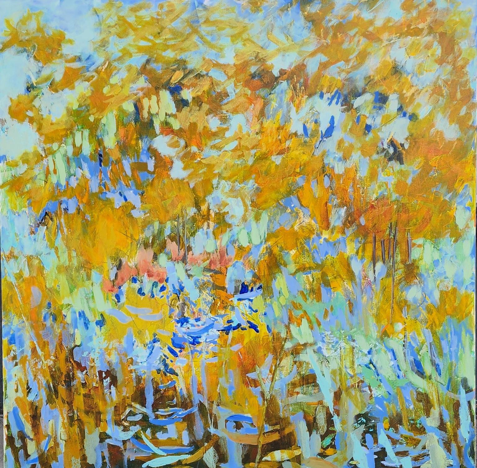 Pondering Acrylic on Canvas Contemporary  Abstract  Texas Artist, Blues, 48x36 For Sale 3