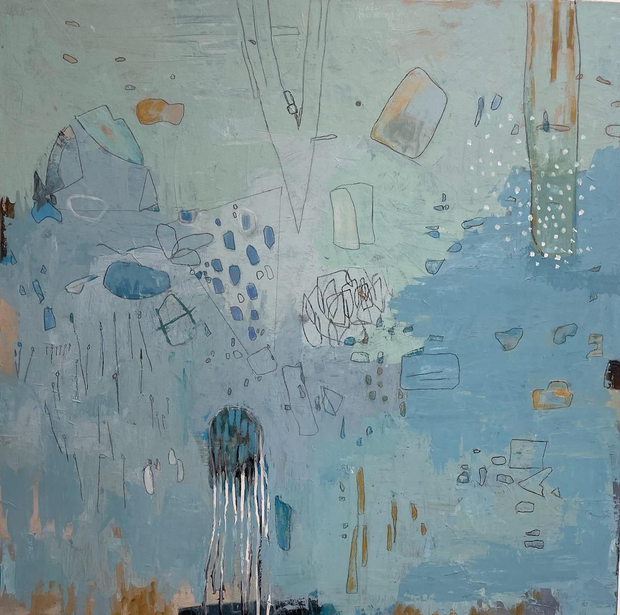 Space Mission, Acrylic on Canvas, Abstract,  Texas Artist,  Blues, Calm, 36 x 36 - Painting by Eleanor McCarthy