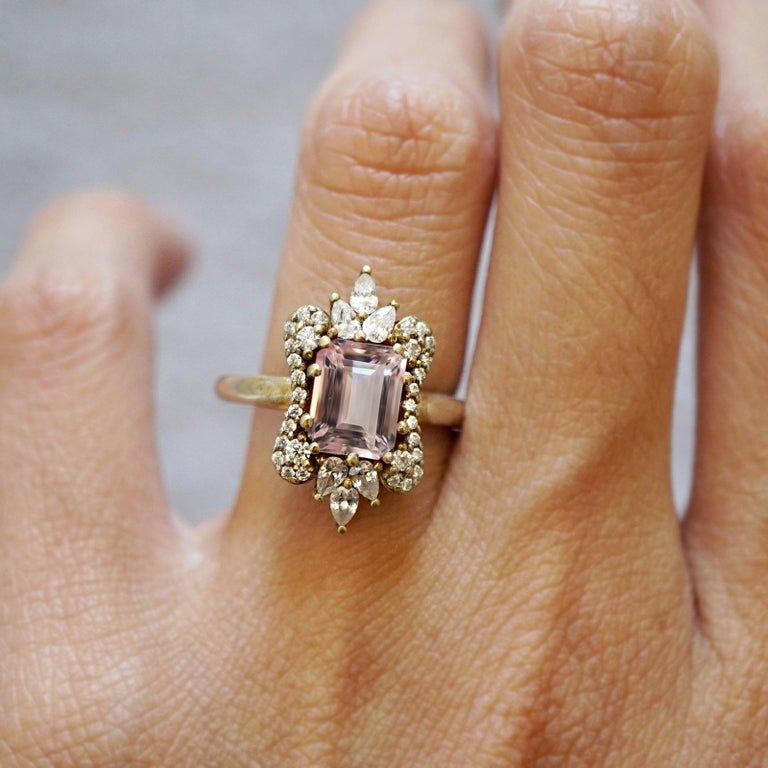 8x6MM Morganite Diamond Yellow Gold Engagement Ring For Sale at 1stDibs