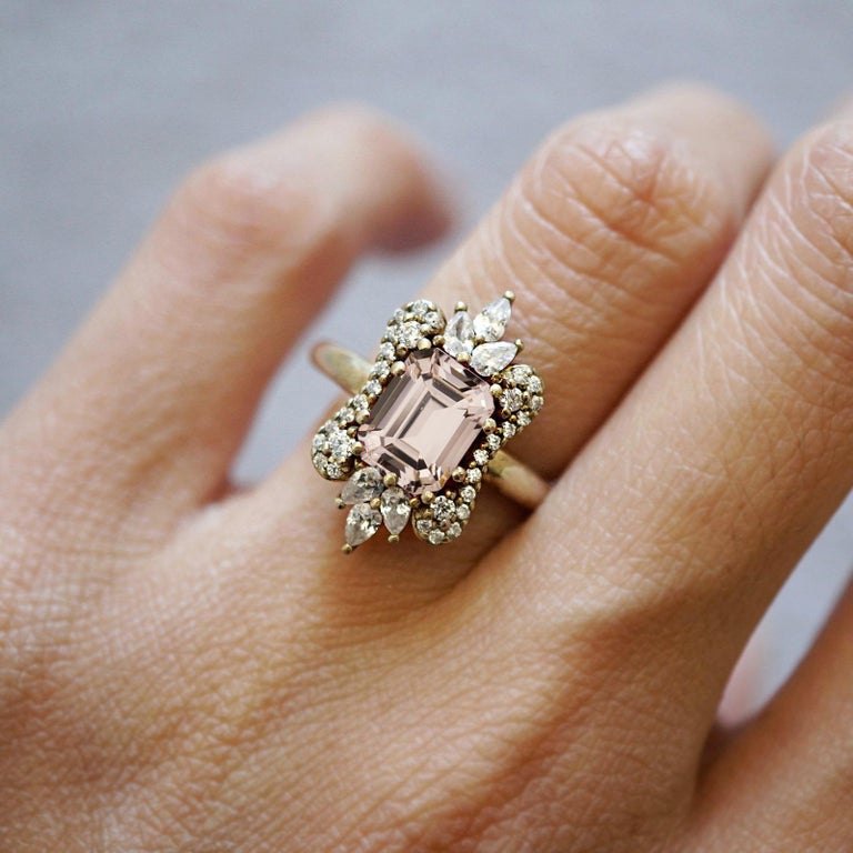8x6MM Morganite Diamond Yellow Gold Engagement Ring For Sale at 1stDibs