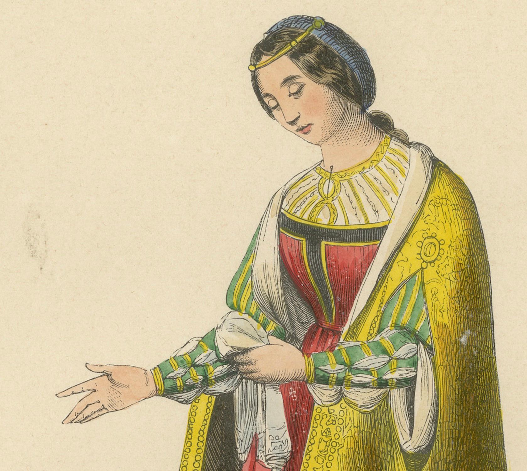 Eleanor du Portugal : Regal and Resplendent, ancienne estampe originale publiée en 1847 Bon état - En vente à Langweer, NL