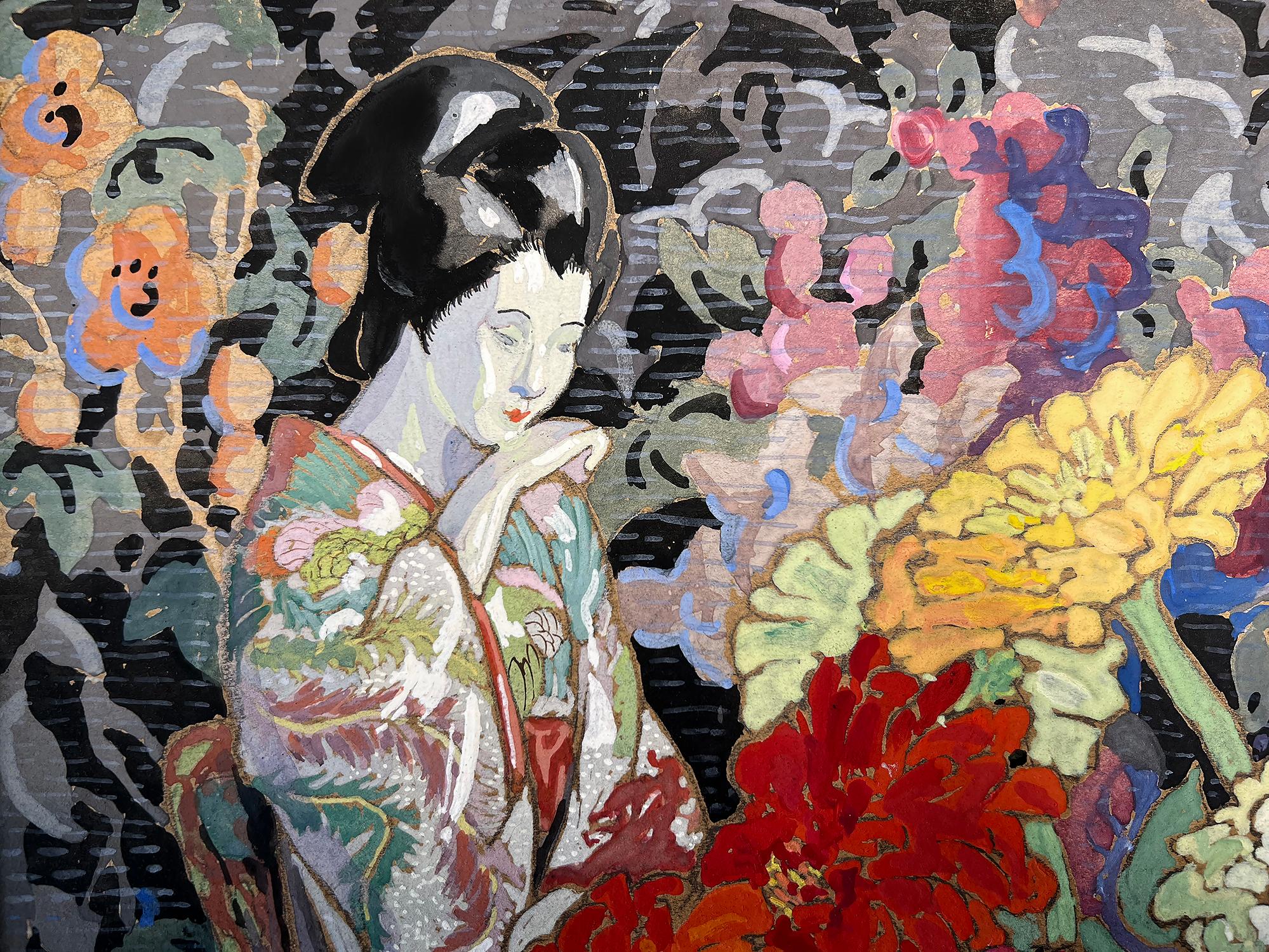 Questo dipinto colorato di Eleanor Parke Custis è nello spirito di Louis Valtat e dei Fauves. Il soggetto dei fiori in primo piano si ripete sullo sfondo.  Si trova a cavallo tra astrazione e rappresentazione. Firmato in basso a destra - L'opera è