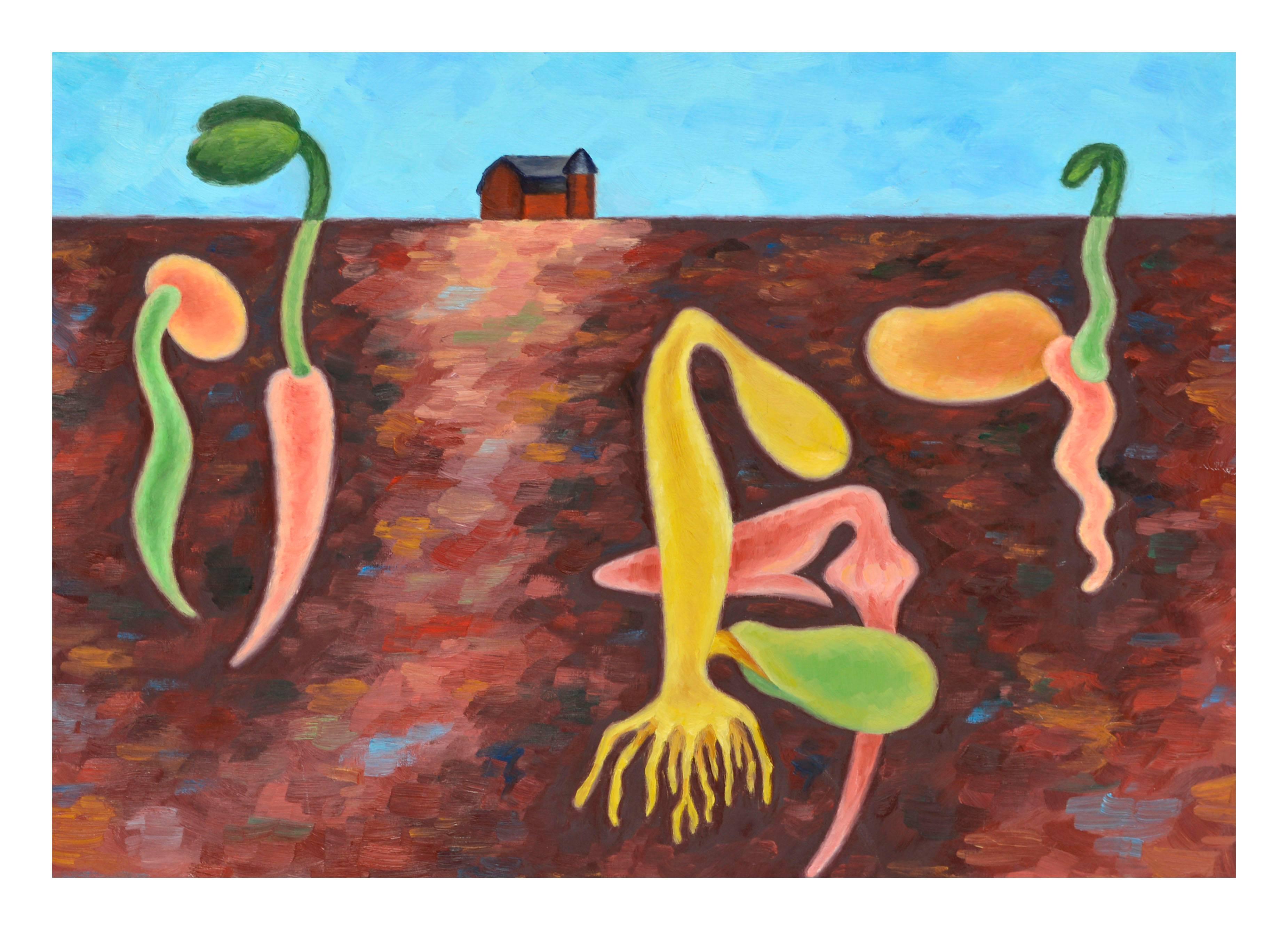 Ha llegado la primavera a la granja - Paisaje abstracto al óleo sobre masonita - Painting de Eleanor Perry