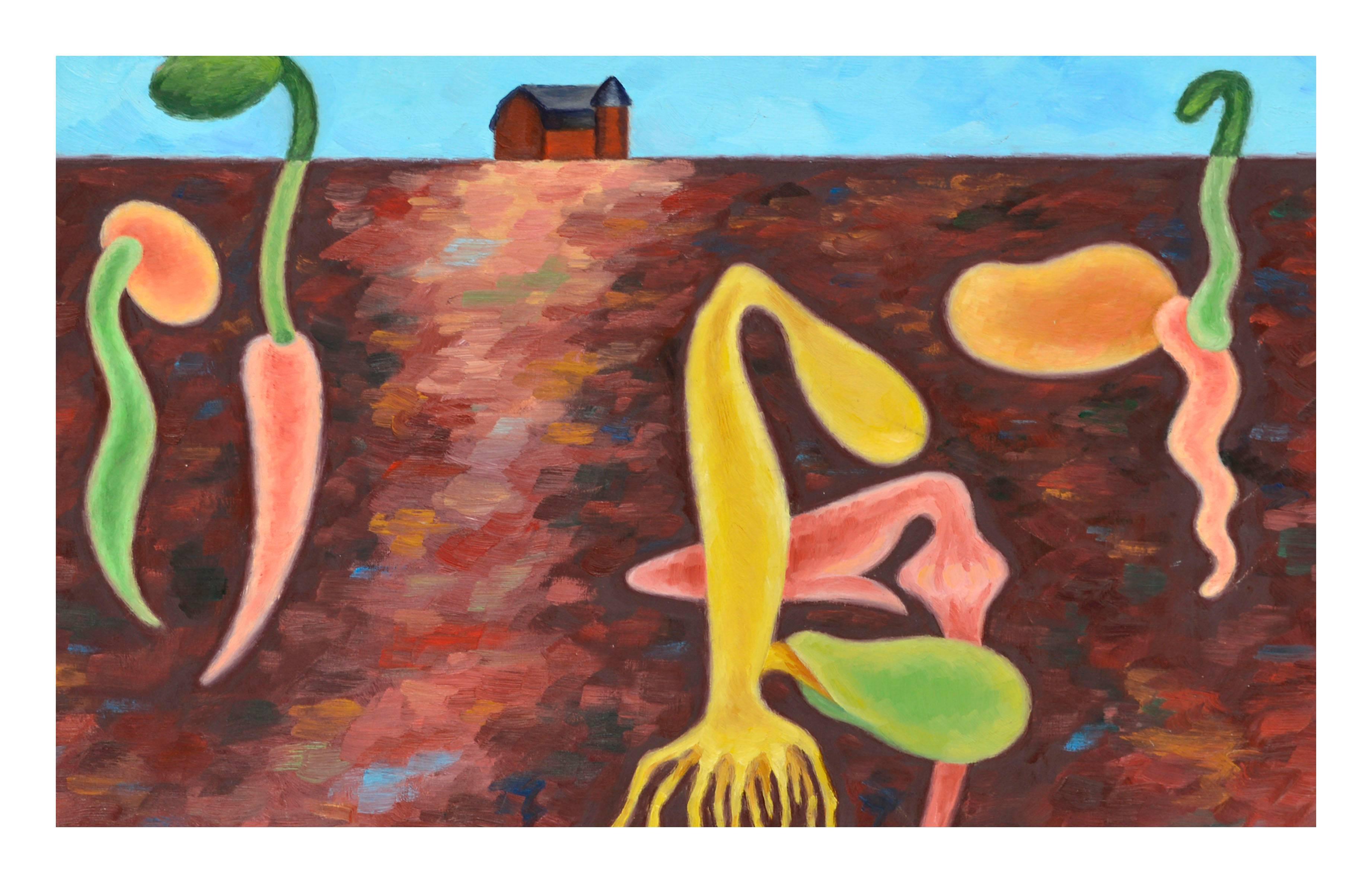 Ha llegado la primavera a la granja - Paisaje abstracto al óleo sobre masonita - Painting moderno estadounidense de Eleanor Perry