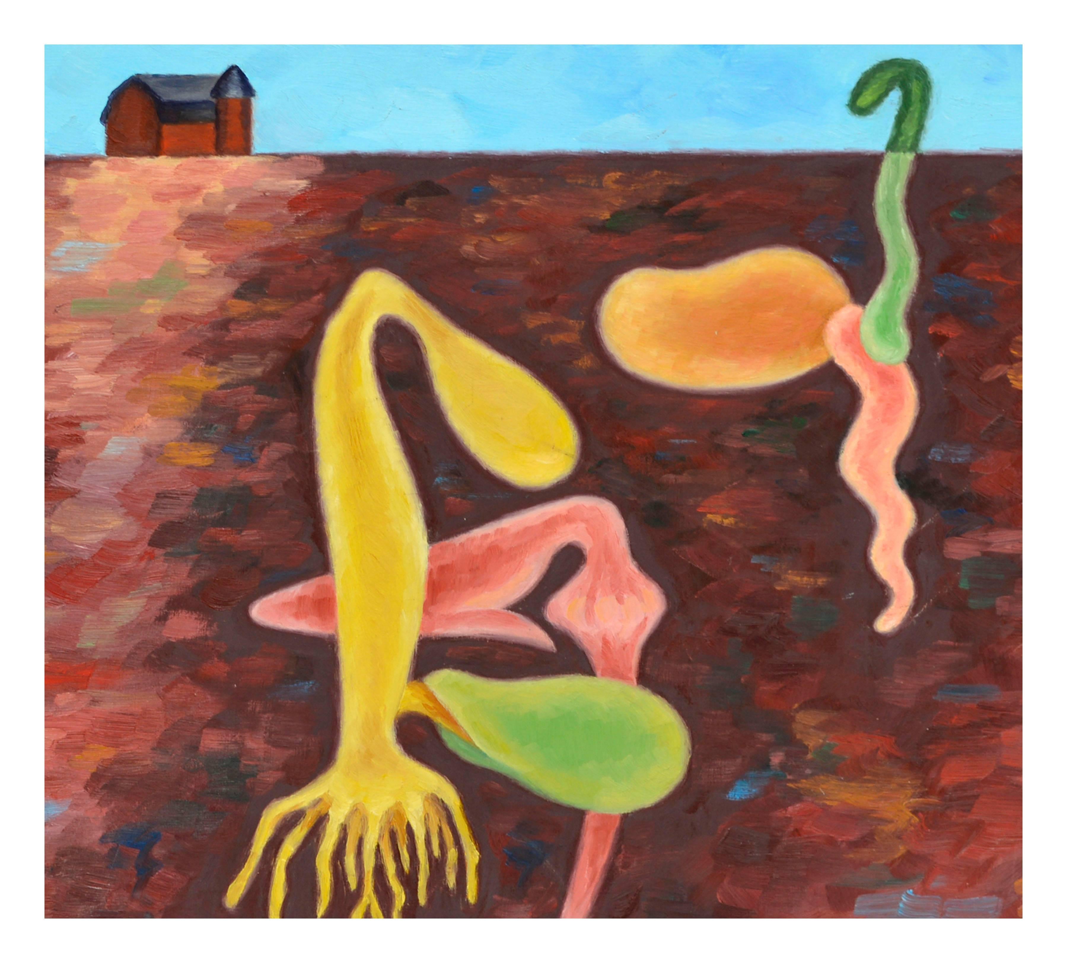 Ha llegado la primavera a la granja - Paisaje abstracto al óleo sobre masonita - Abstract Painting Marrón de Eleanor Perry