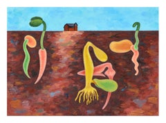 La primavera è arrivata in fattoria - Paesaggio astratto ad olio su masonite