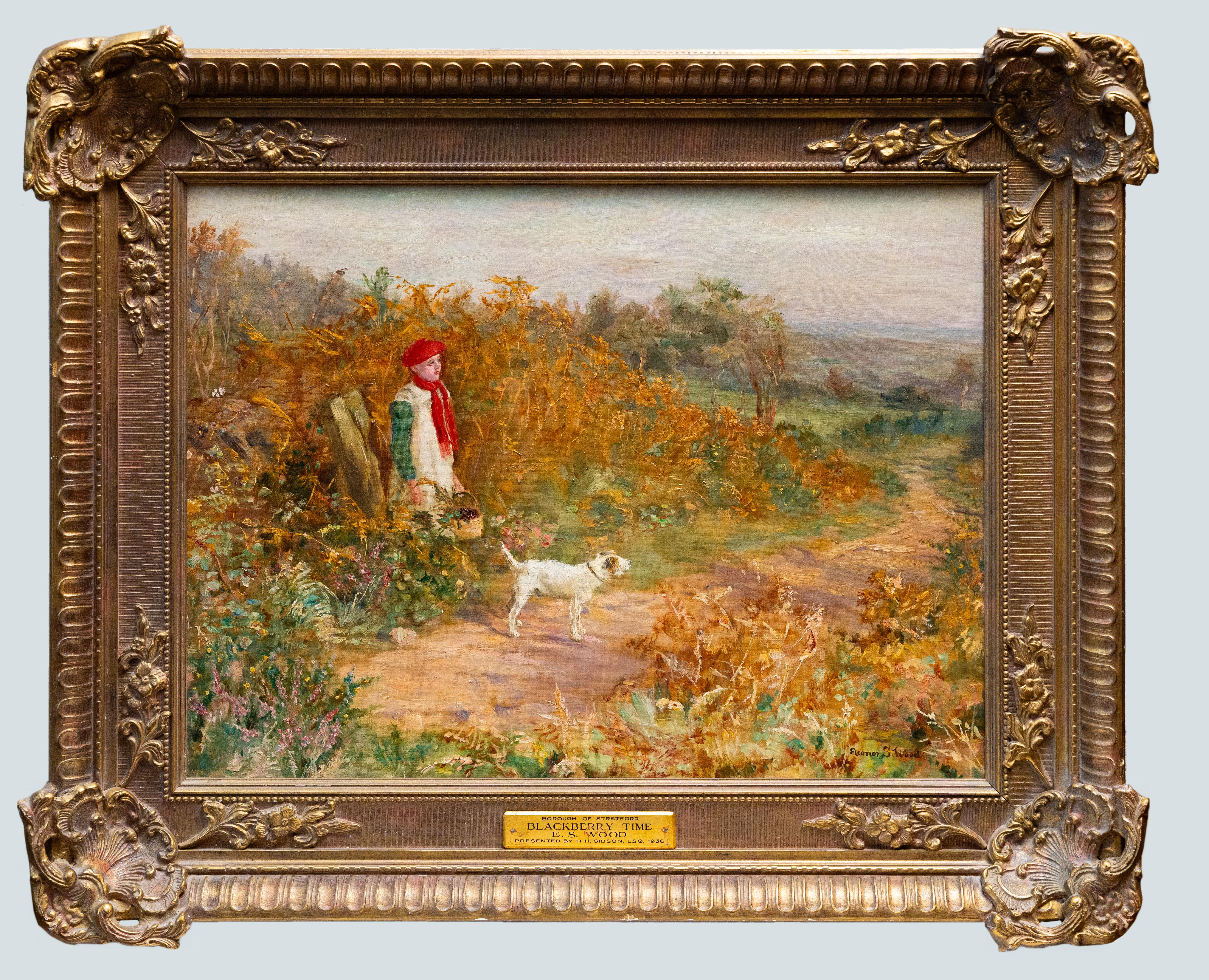 Eleanor Stuart Wood Figurative Painting - Eleanor S. Wood, British Impressionist Landscape with Child and Terrier