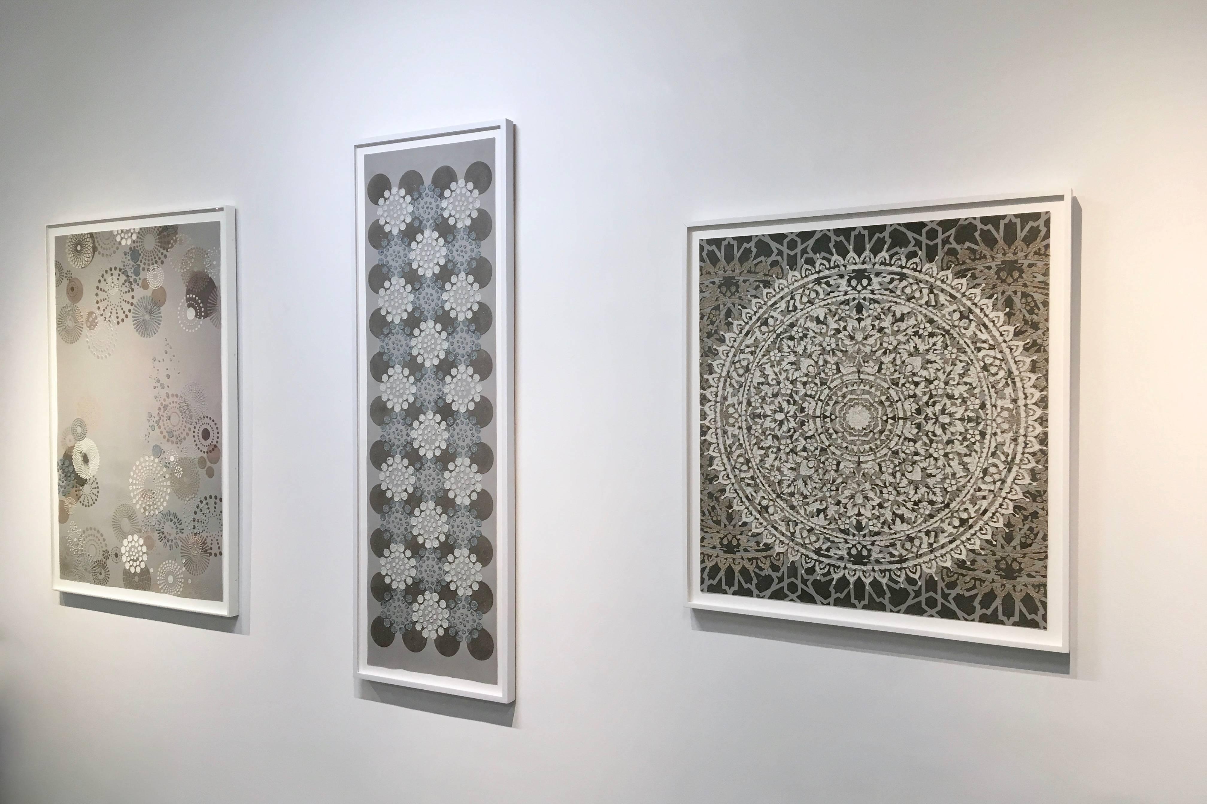 This long geometric abstract work on paper by Eleanore White can be hung either horizontally or vertically. It is a wonderful addition to a small wall or dark corner. The light, airy pops of non-traditional materials add texture and interest. Wood