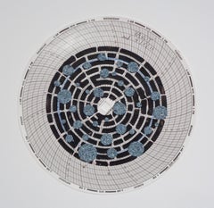 Graph Mandala Eight, Blue, Charcoal, White Abstract Textured Patterned Circle