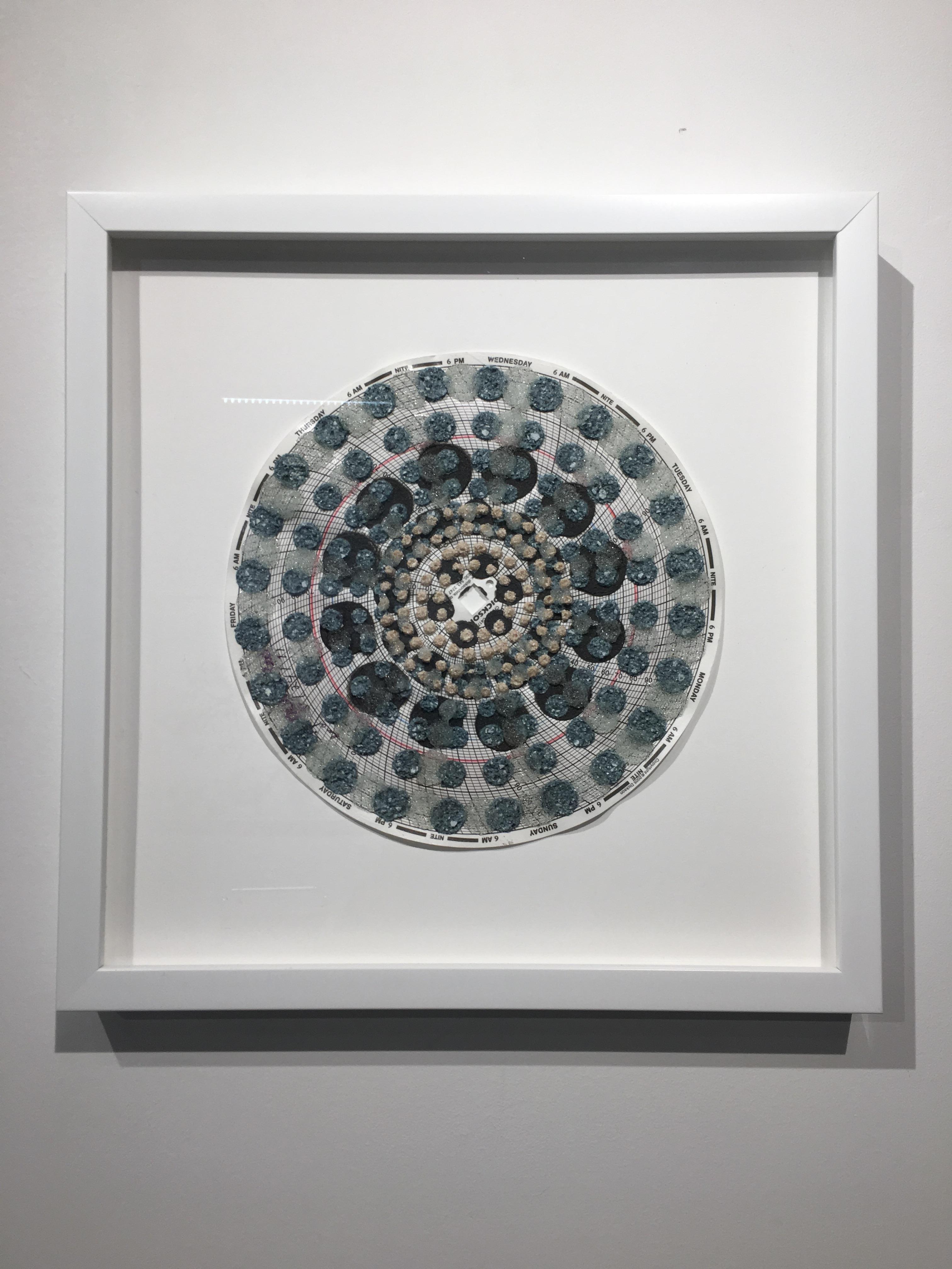 Graph Mandala Seven - Mixed Media Patterned Circle Blue Peach White Brown, 2018 - Contemporary Mixed Media Art by Eleanor White