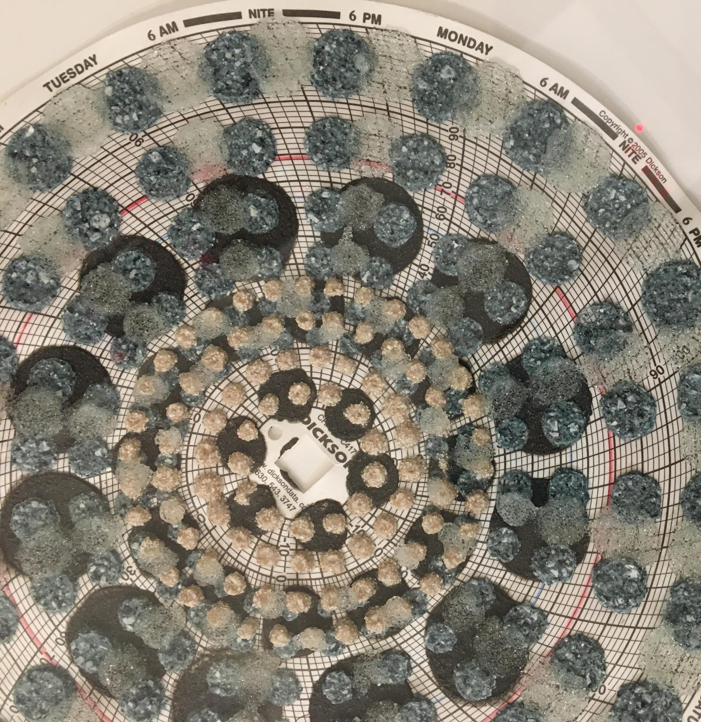Graph Mandala Seven - Mixed Media Patterned Circle Blue Peach White Brown, 2018 For Sale 1
