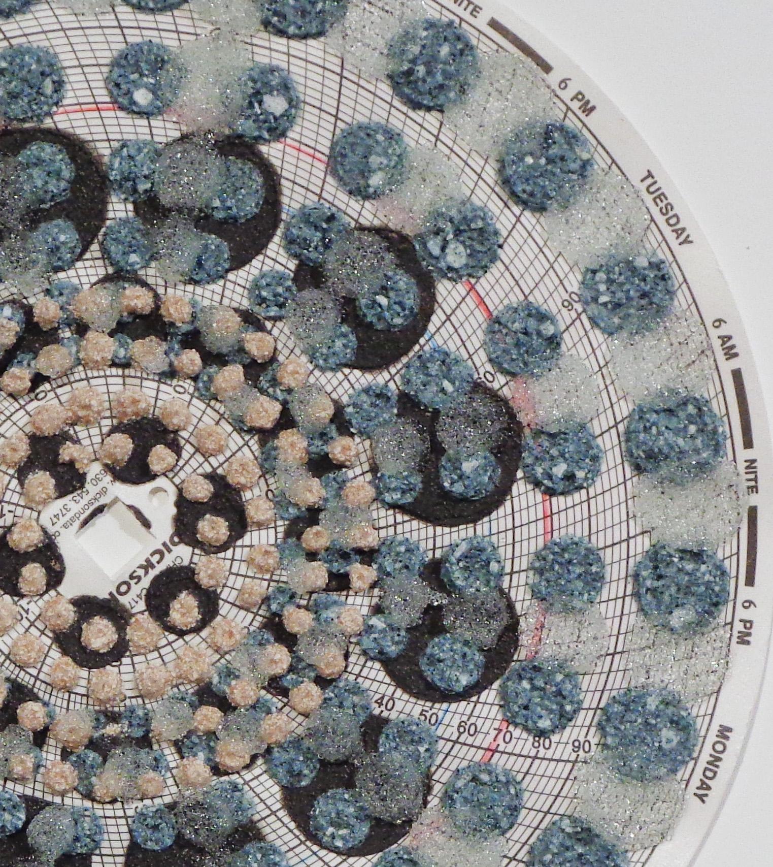 Graph Mandala Seven - Mixed Media Patterned Circle Blue Peach White Brown, 2018 For Sale 2