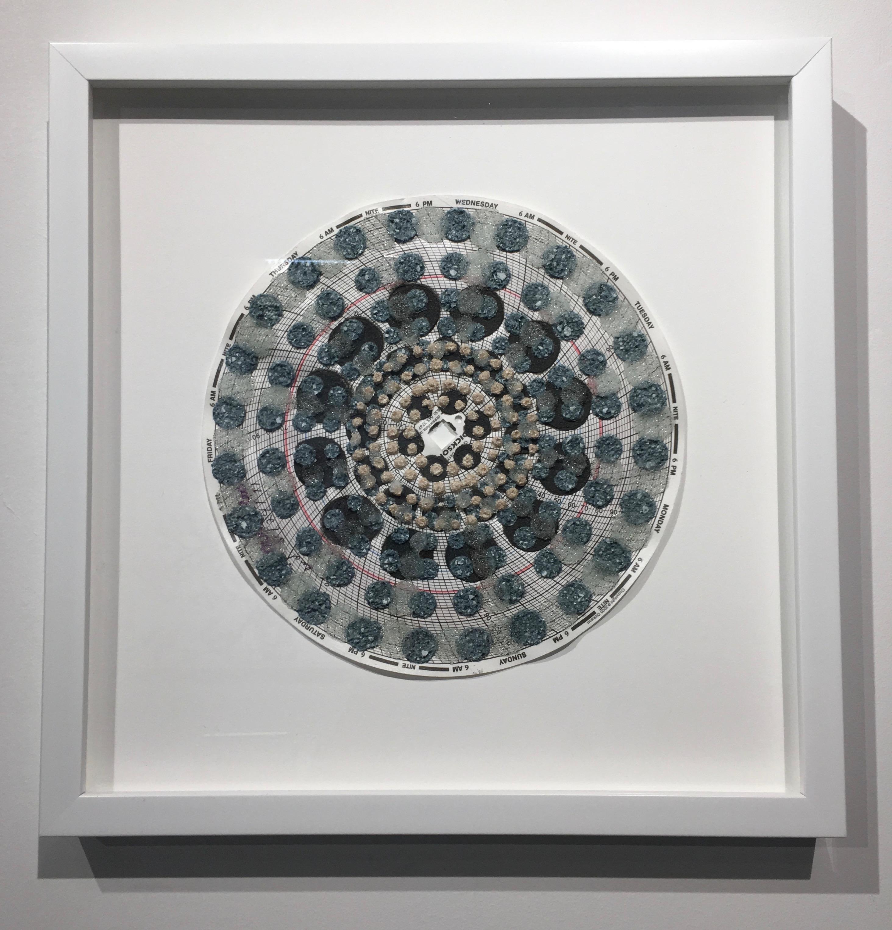 Graph Mandala Seven - Mixed Media Patterned Circle Blue Peach White Brown, 2018 For Sale 4