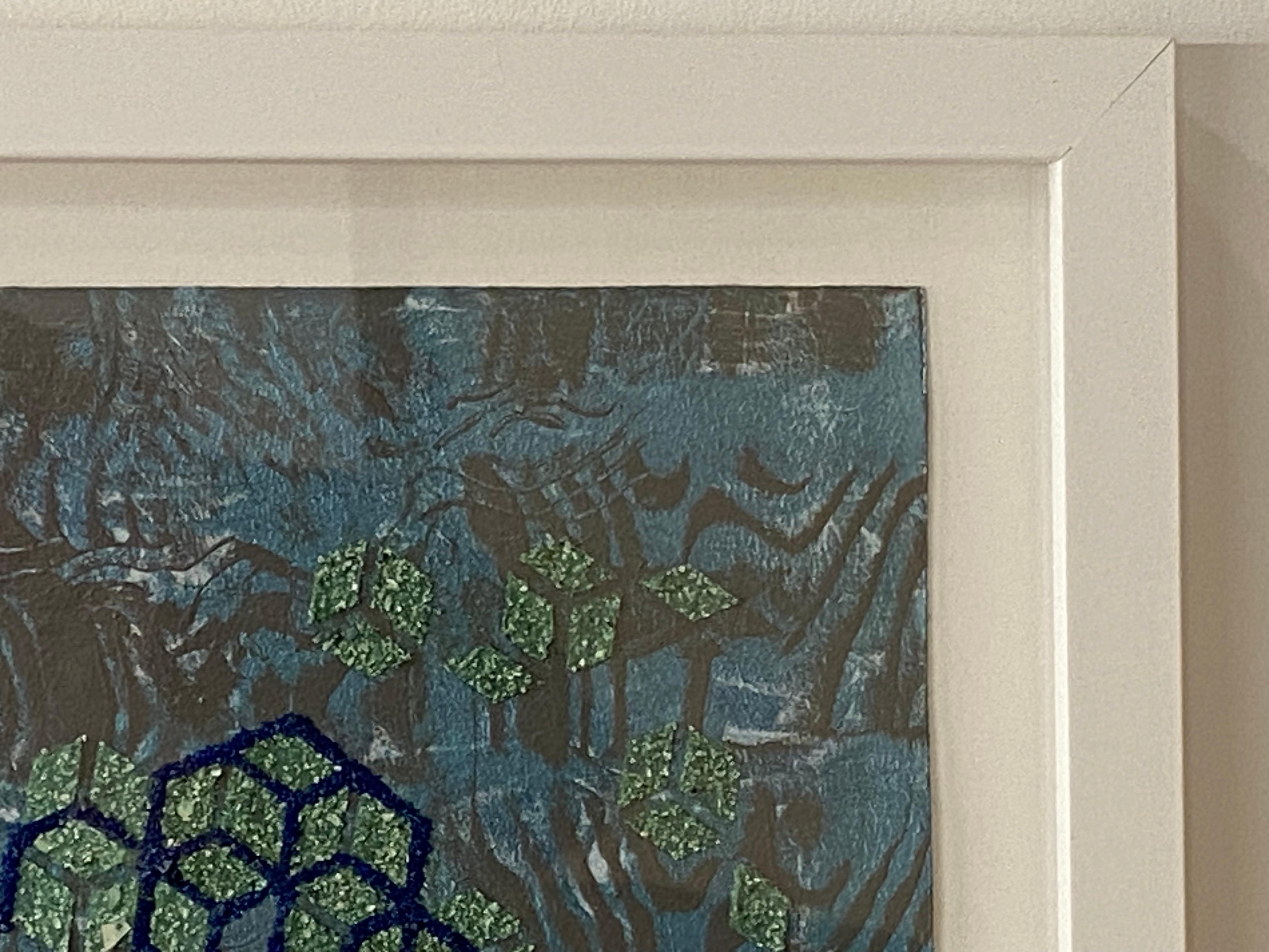 Layers of nontraditional materials add texture to this contemporary abstract work in mixed media on paper by Eleanor White. Crushed opal and aquamarine in light blue with dry pigment and wood ash are adhered with polymer medium to create a layered