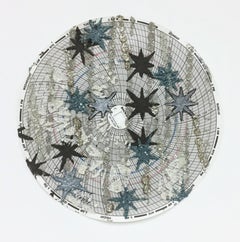 Untitled Stars Two, Abstract Textured Patterned Circle, Blue, Charcoal, Silver