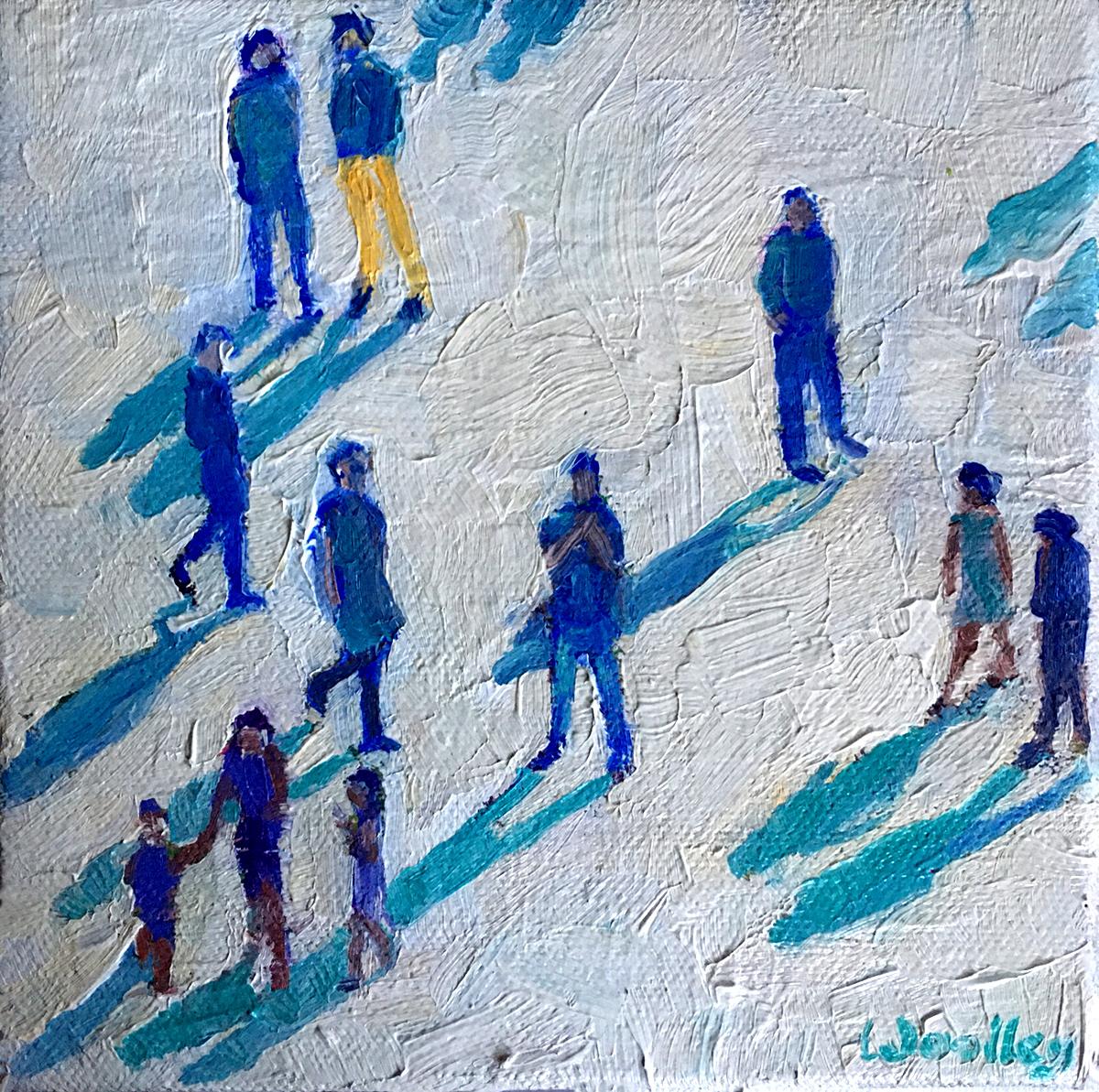 Blaue Schatten, Originalgemälde, figurativ, blaue Winterkunst, Öl auf Leinwand
