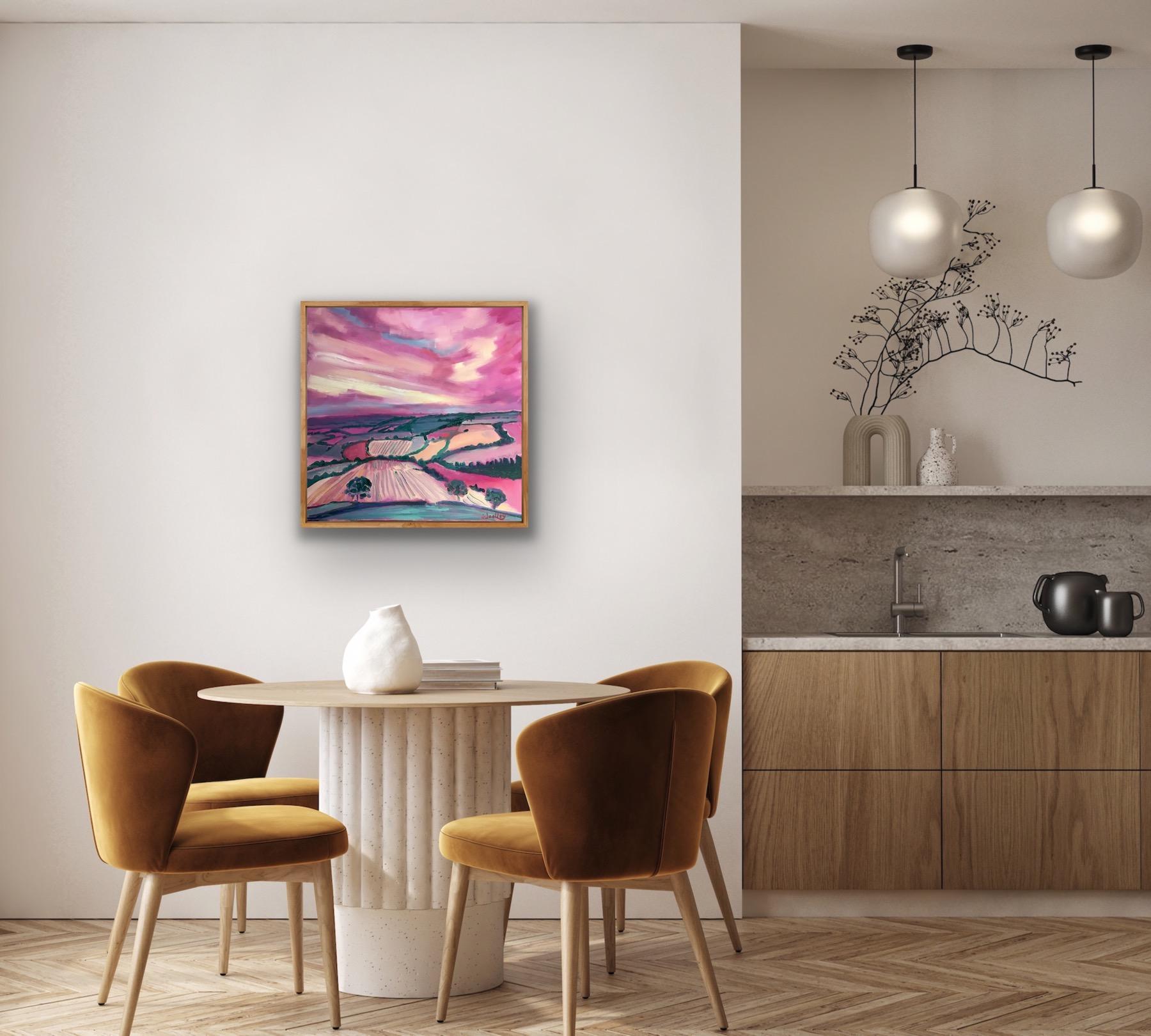 Cotswolds in Pink, Original Contemporary Oil Painting, Oil on canvas, Affordable For Sale 7