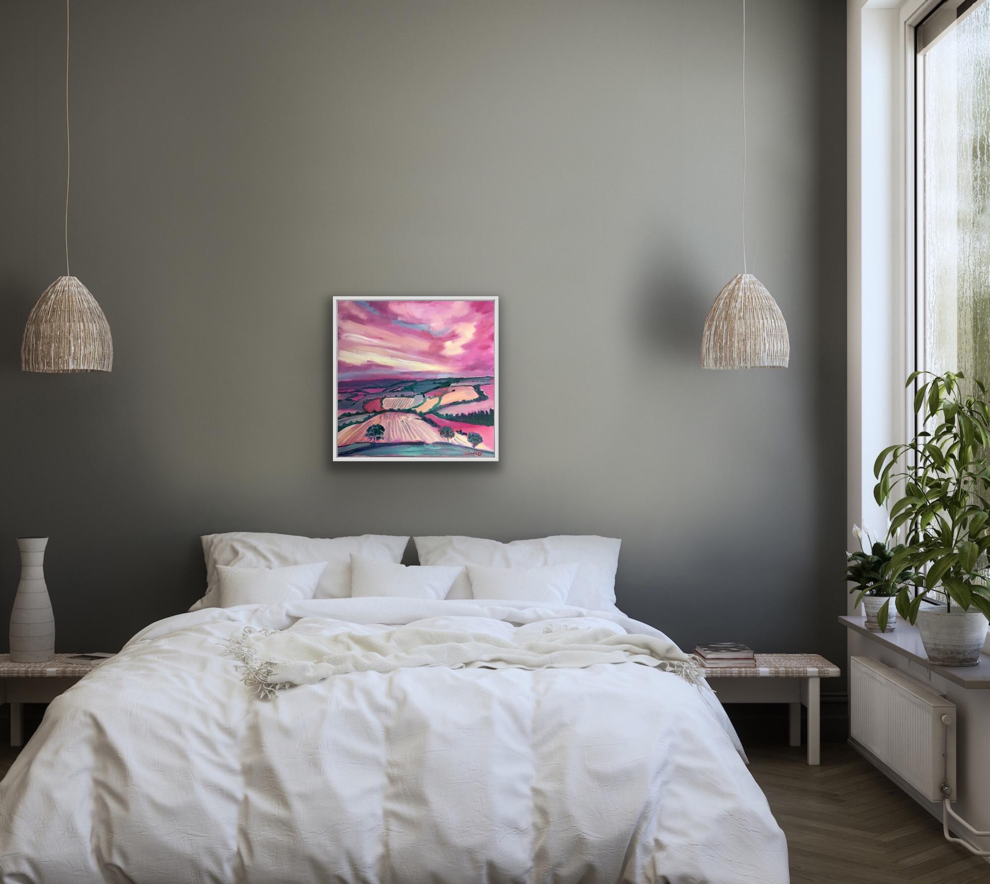 Cotswolds in Pink, Original Contemporary Oil Painting, Oil on canvas, Affordable For Sale 9