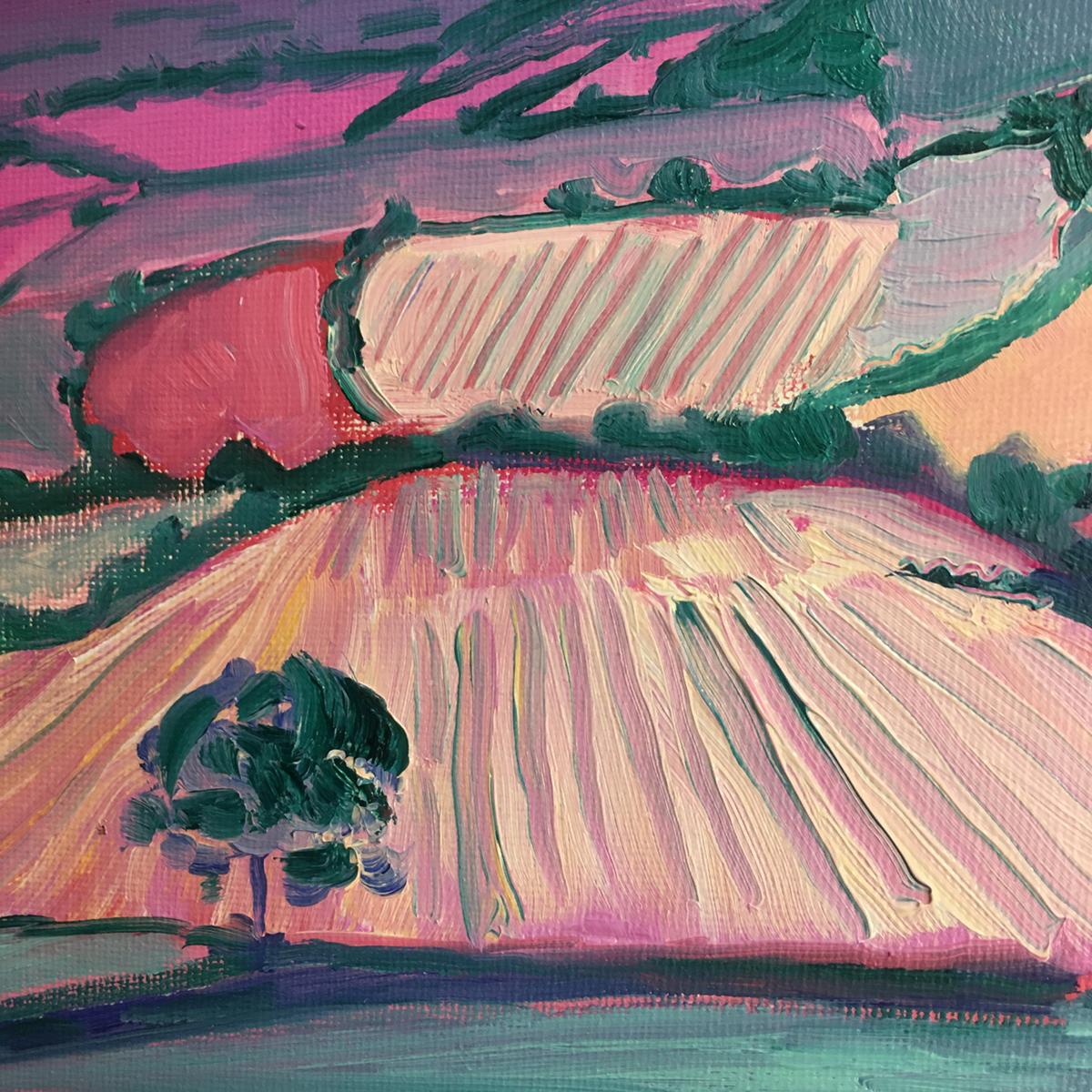 Cotswolds in Pink, Original Contemporary Oil Painting, Oil on canvas, Affordable For Sale 2