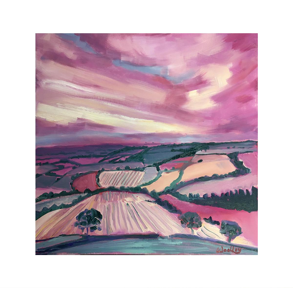 Cotswolds in Pink, Original Contemporary Oil Painting, Oil on canvas, Affordable For Sale 4