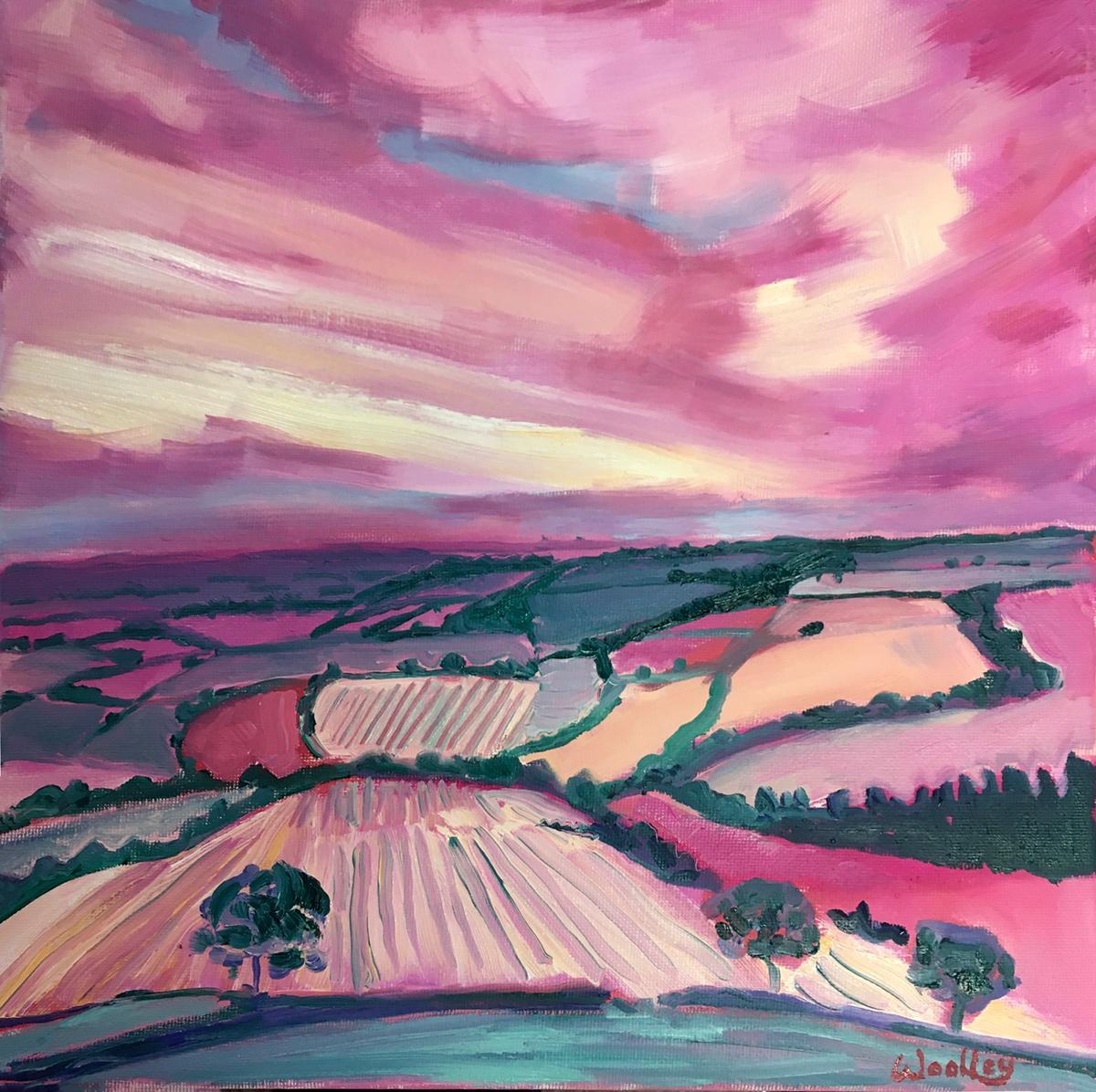 Cotswolds en rose, Peinture à l'huile contemporaine originale, Huile sur toile, Abordable