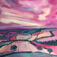 Used Cotswolds in Pink, Original Contemporary Oil Painting, Oil on canvas, Affordable