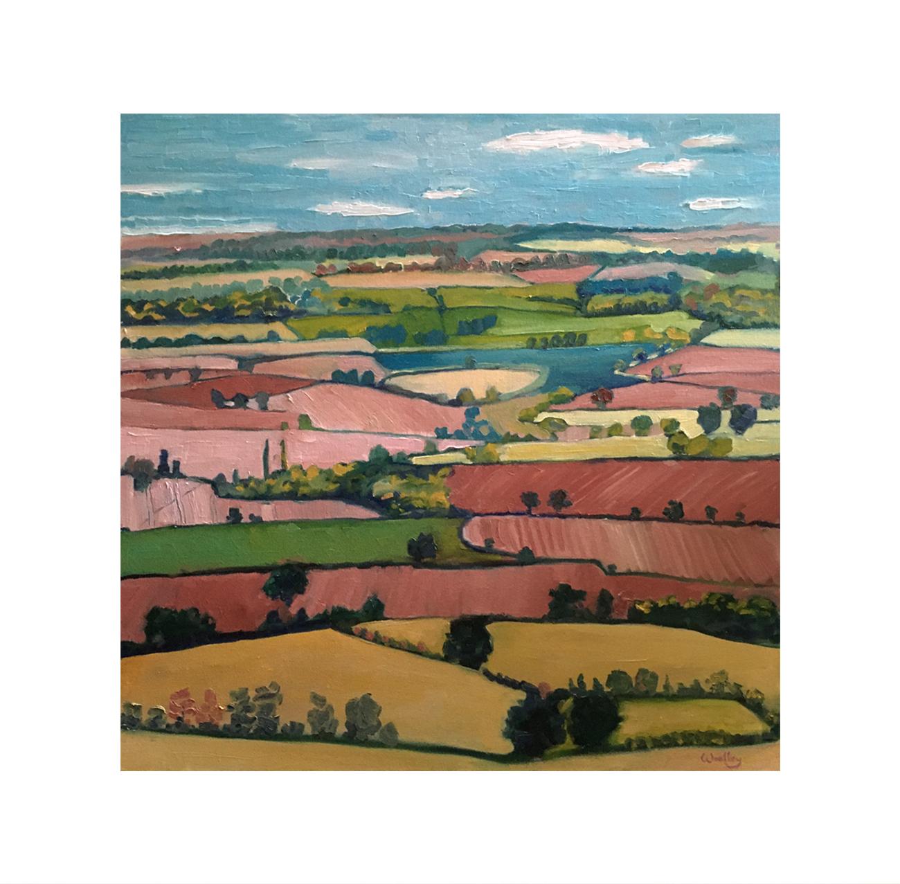 From the Tyndale Monument is an Original oil painting by Eleanor Woolley. This painting was started Plein air and finished in the studio. Looking down on the landscape from the Monument the Artists has captured the feeling of the Cotswold fields,