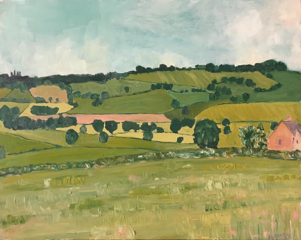 Eleanor Woolley  Figurative Painting – Looking over to Maugersbury Hill, Eleanor Woolley, Zeitgenössische Kunst