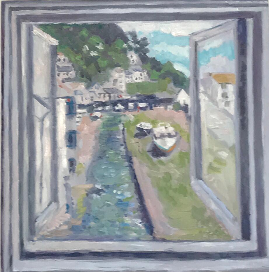 Vista de Polperro, Pintura original, Paisaje marino, Barcos, Mar, Casas, Ventana, Cielo en venta 6