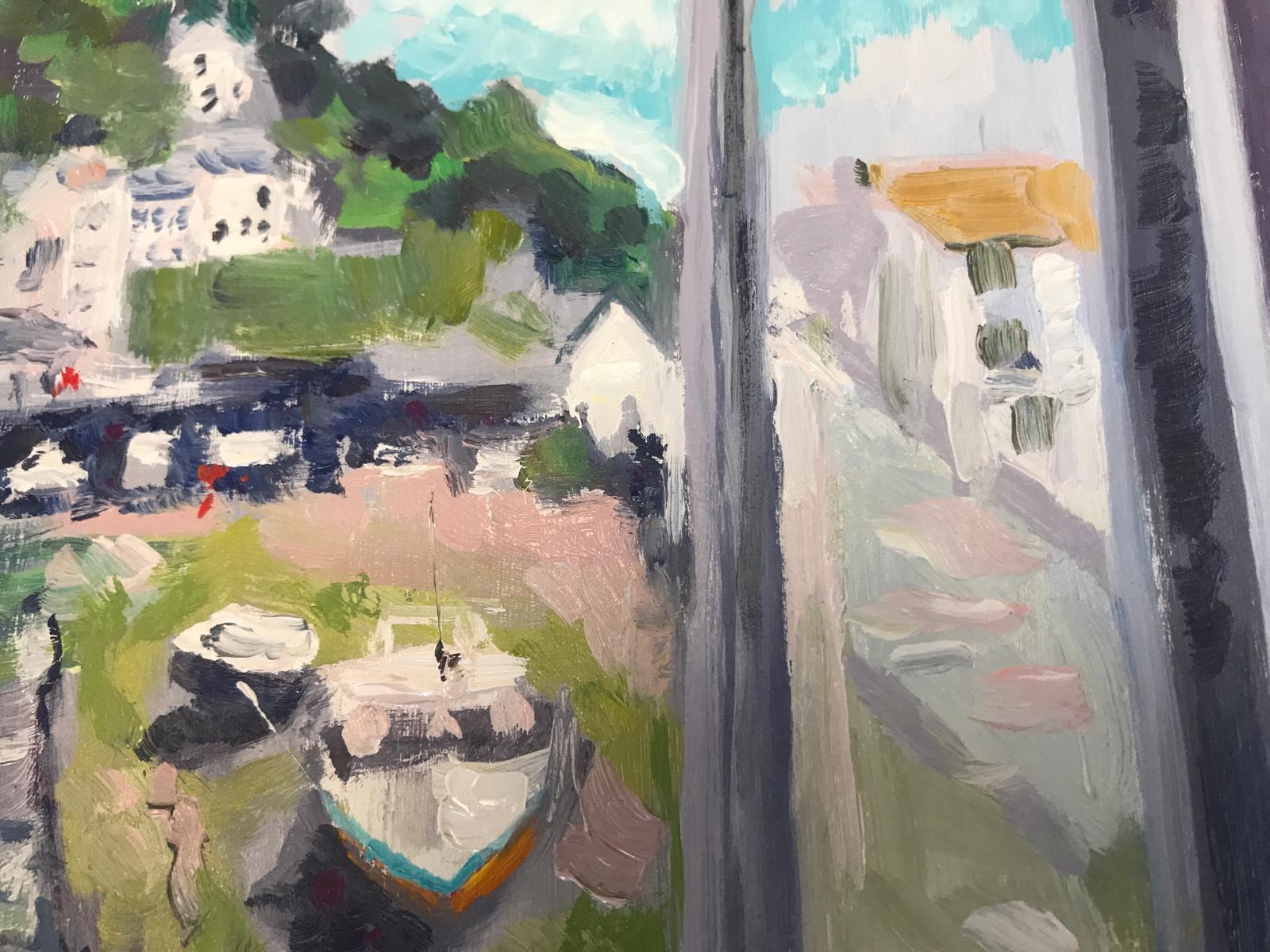 Vista de Polperro, Pintura original, Paisaje marino, Barcos, Mar, Casas, Ventana, Cielo en venta 7