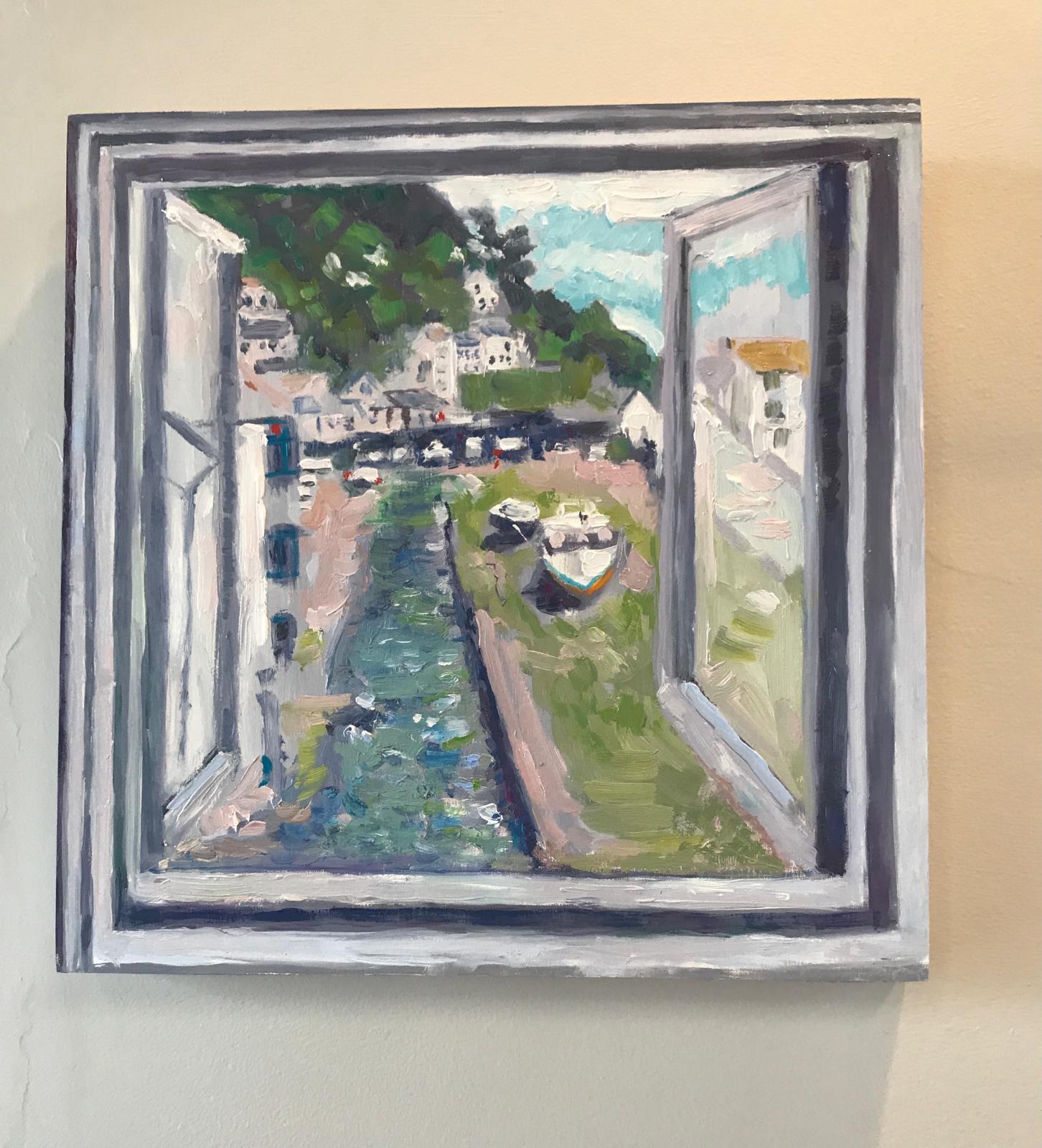 Vista de Polperro, Pintura original, Paisaje marino, Barcos, Mar, Casas, Ventana, Cielo en venta 8