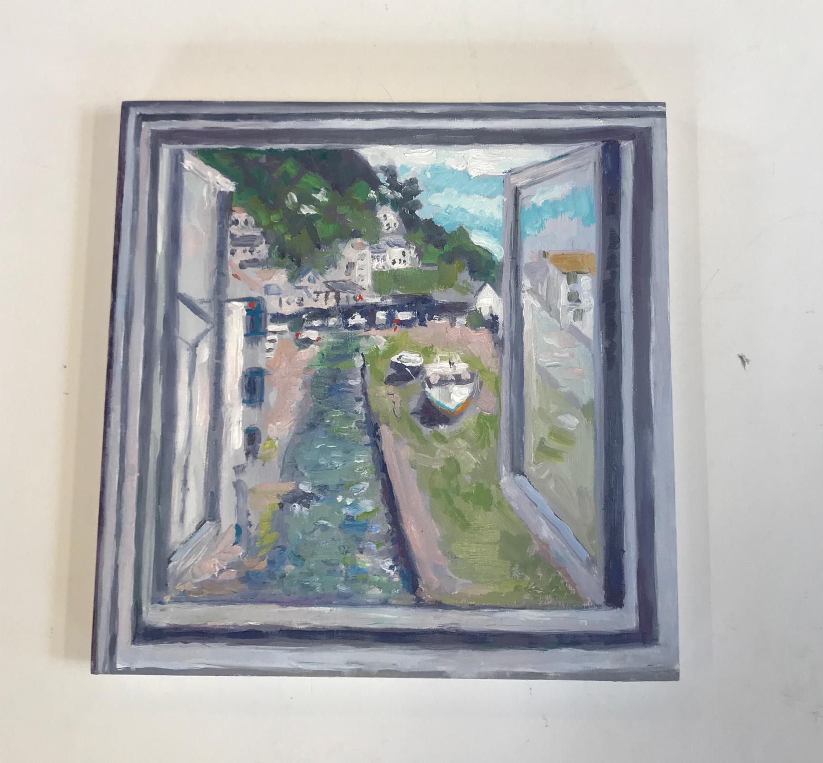 Vista de Polperro, Pintura original, Paisaje marino, Barcos, Mar, Casas, Ventana, Cielo - Painting de Eleanor Woolley 