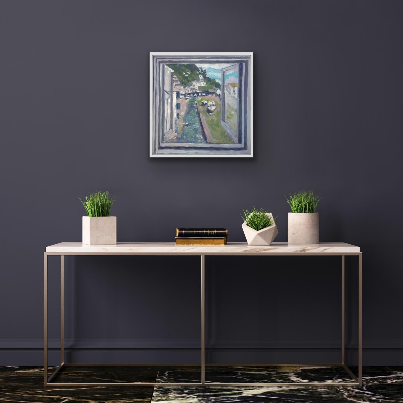 Vista de Polperro, Pintura original, Paisaje marino, Barcos, Mar, Casas, Ventana, Cielo - Painting Contemporáneo de Eleanor Woolley 