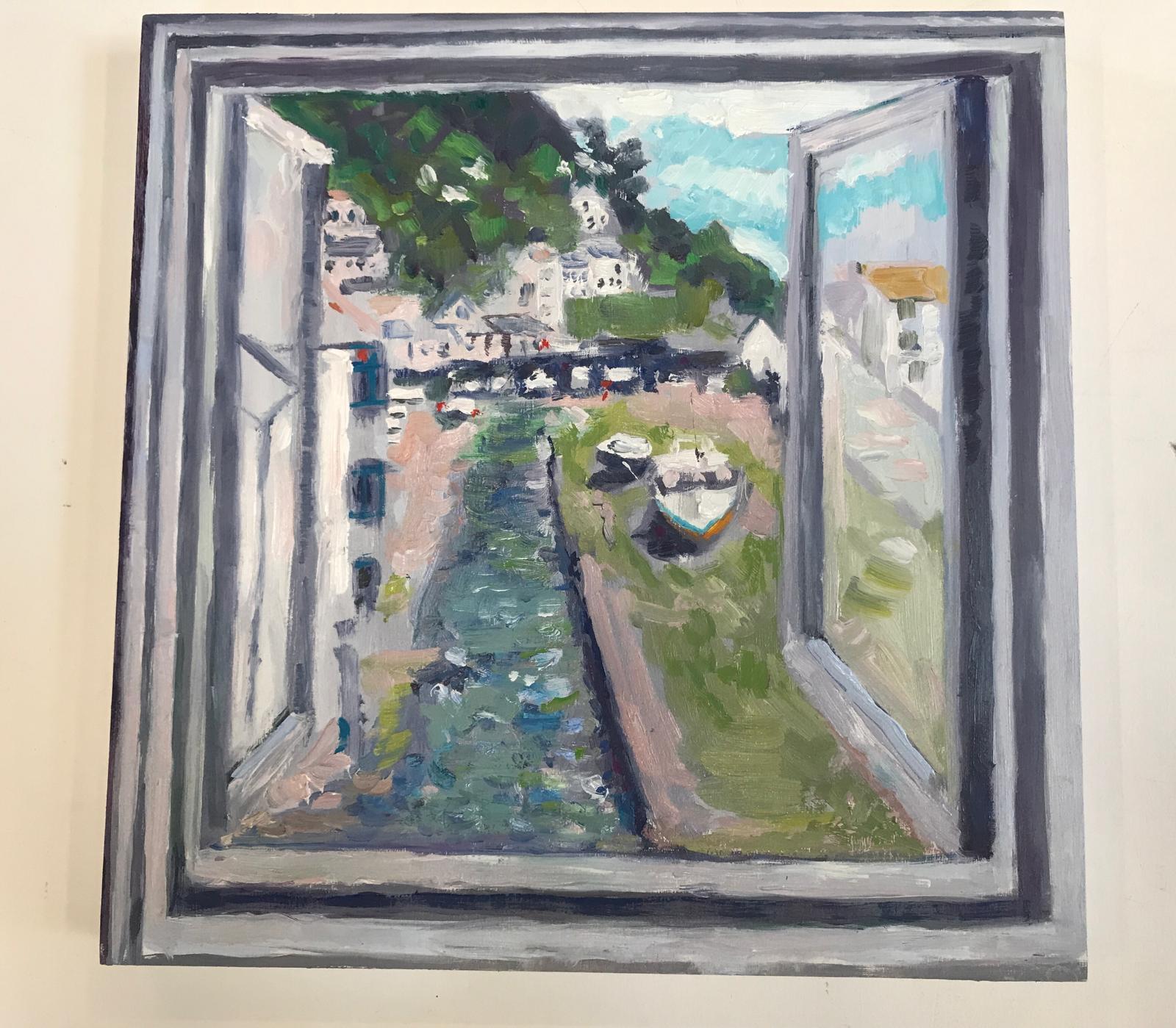 Vista de Polperro, Pintura original, Paisaje marino, Barcos, Mar, Casas, Ventana, Cielo - Portrait Painting Gris de Eleanor Woolley 